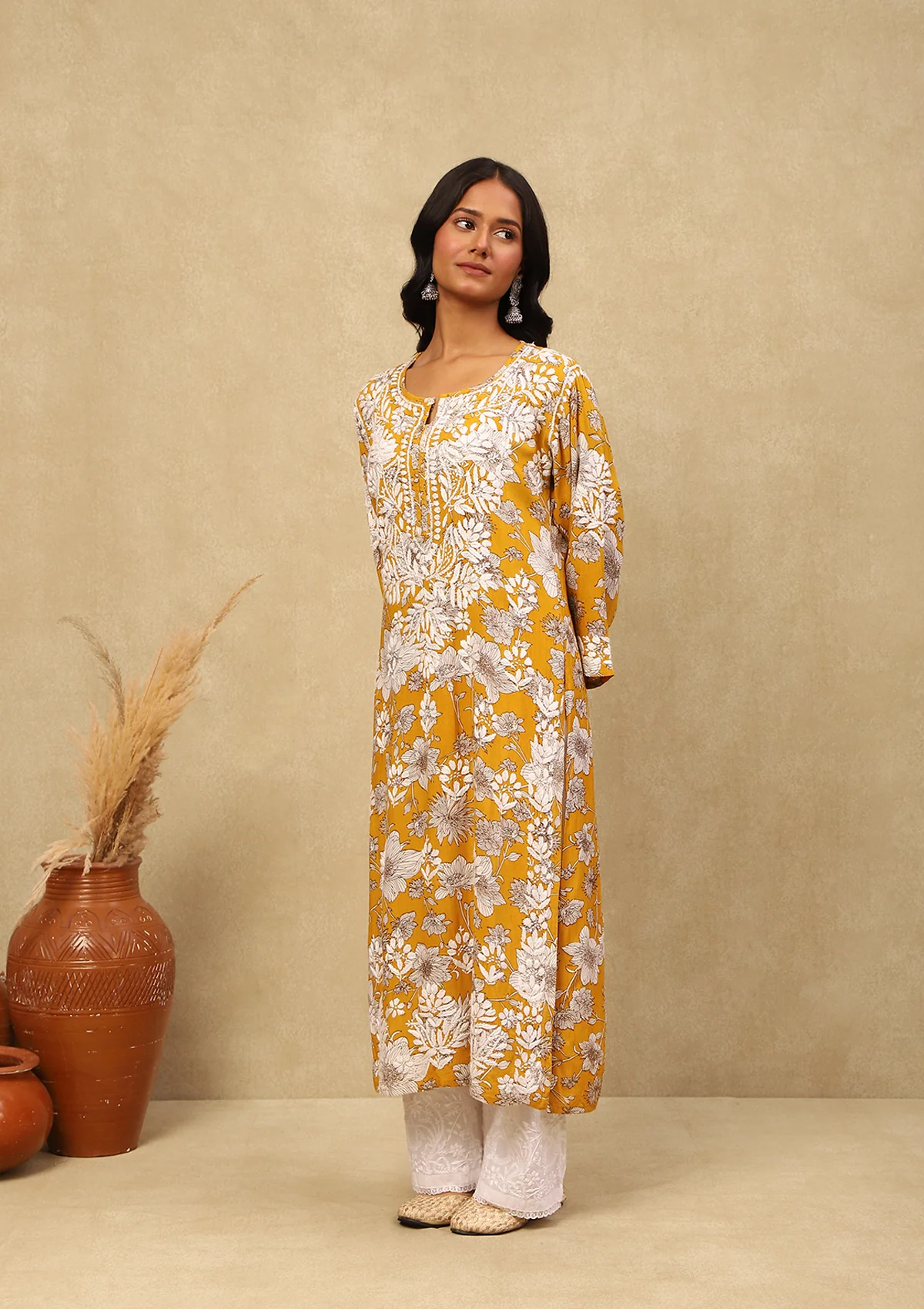 HOC Rayon Chikankari Printed Women's Long Kurta -Mustard - Healthber