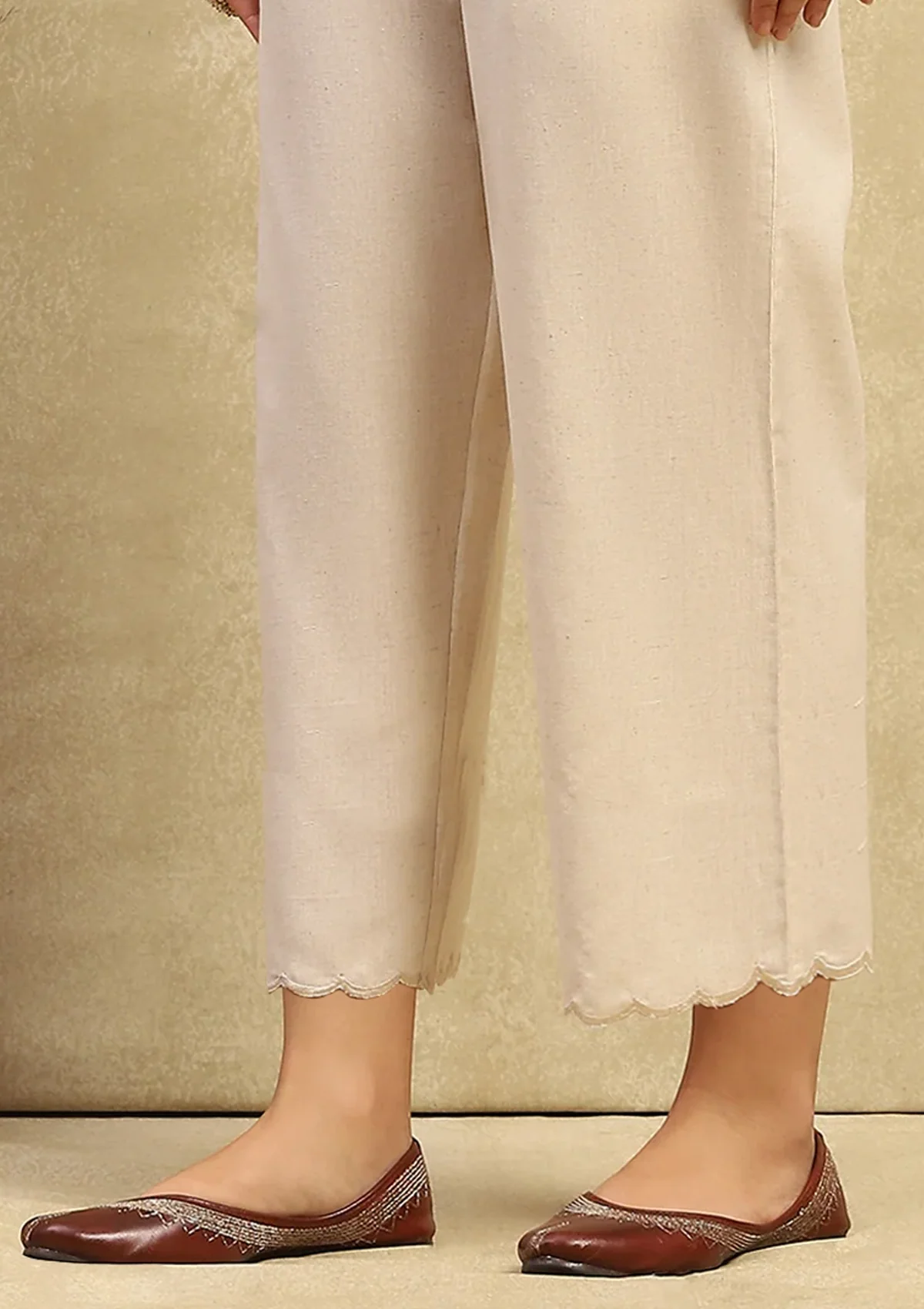 HOC Cotton Linen Blend Women's Solid Scalloped Culottes - Beige - Healthber