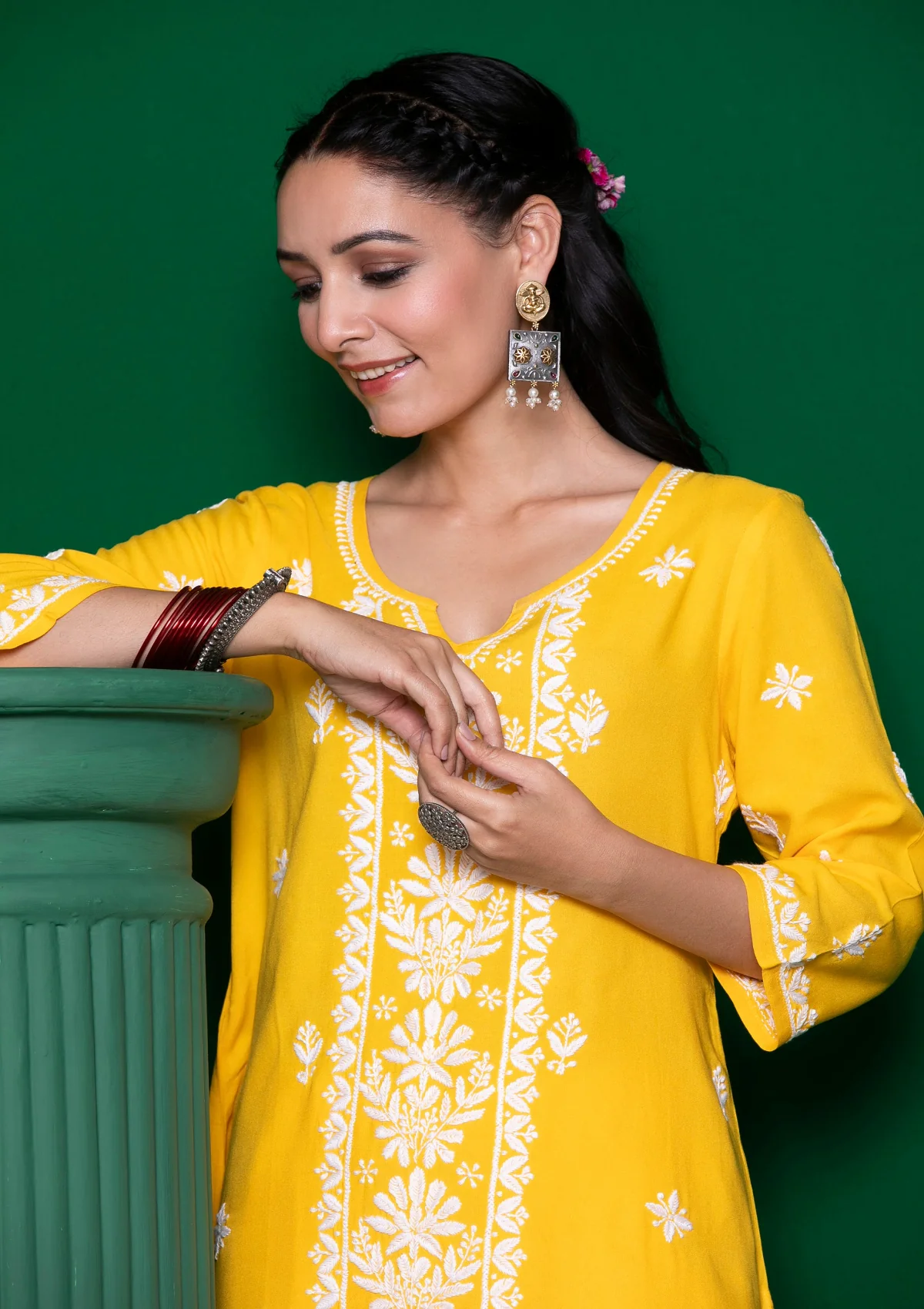 HOC Rayon Chikankari Solid Women's 3 PC Long Kurta Set - Yellow - Healthber