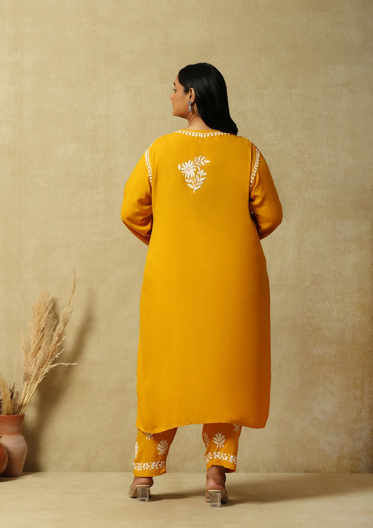 HOC Rayon Chikankari Solid Women's 2 PC Long Kurta Set- Mustard Yellow - Healthber