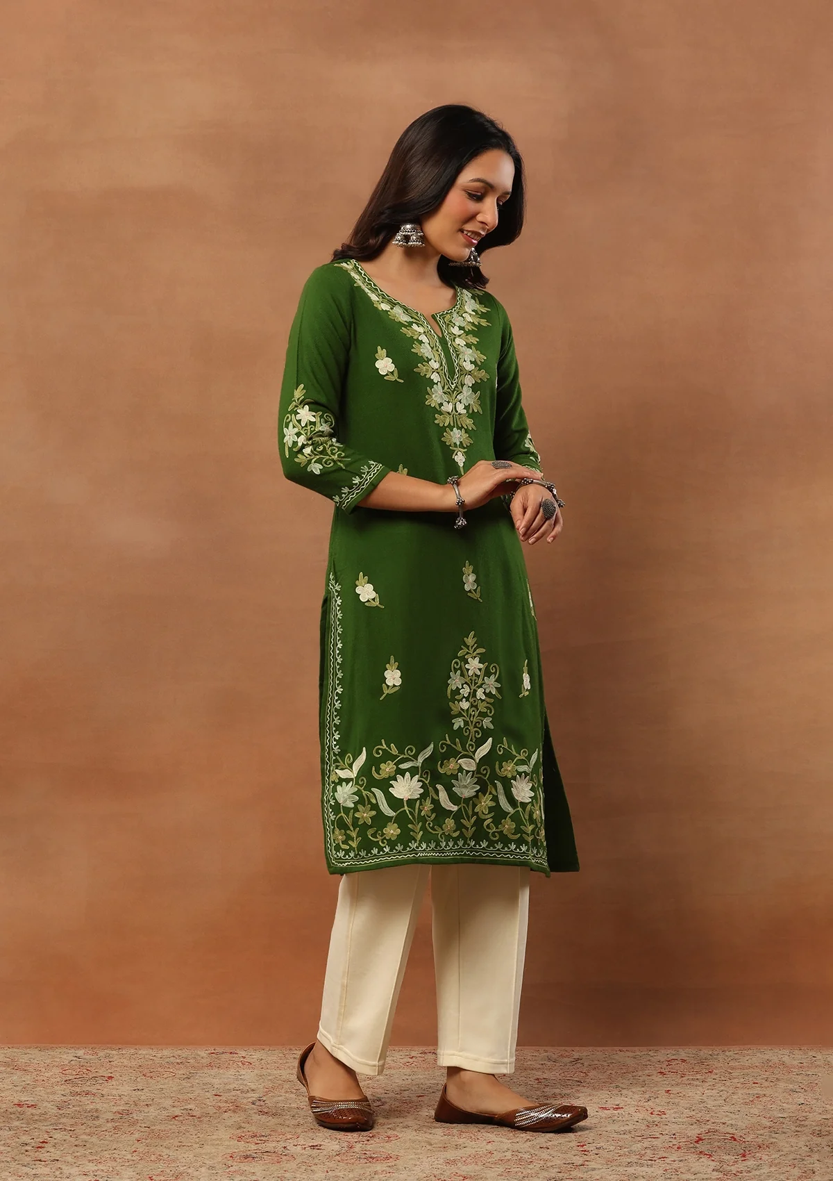 HOC Aari Embroidered Woollen Solid Women's Long Kurta -Green - Healthber