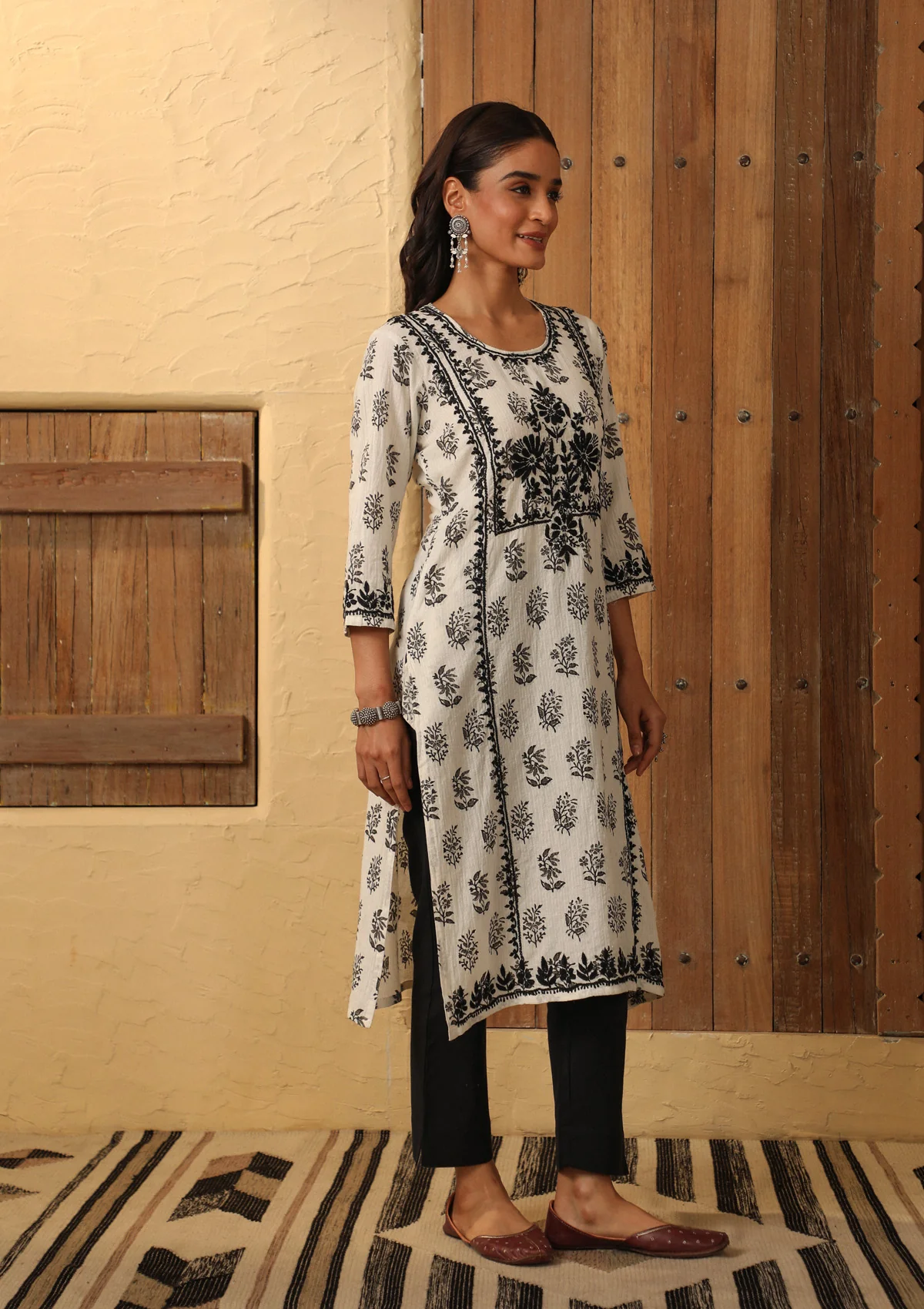 HOC Cotton Chikankari Printed Women's Long Kurta - White - Healthber