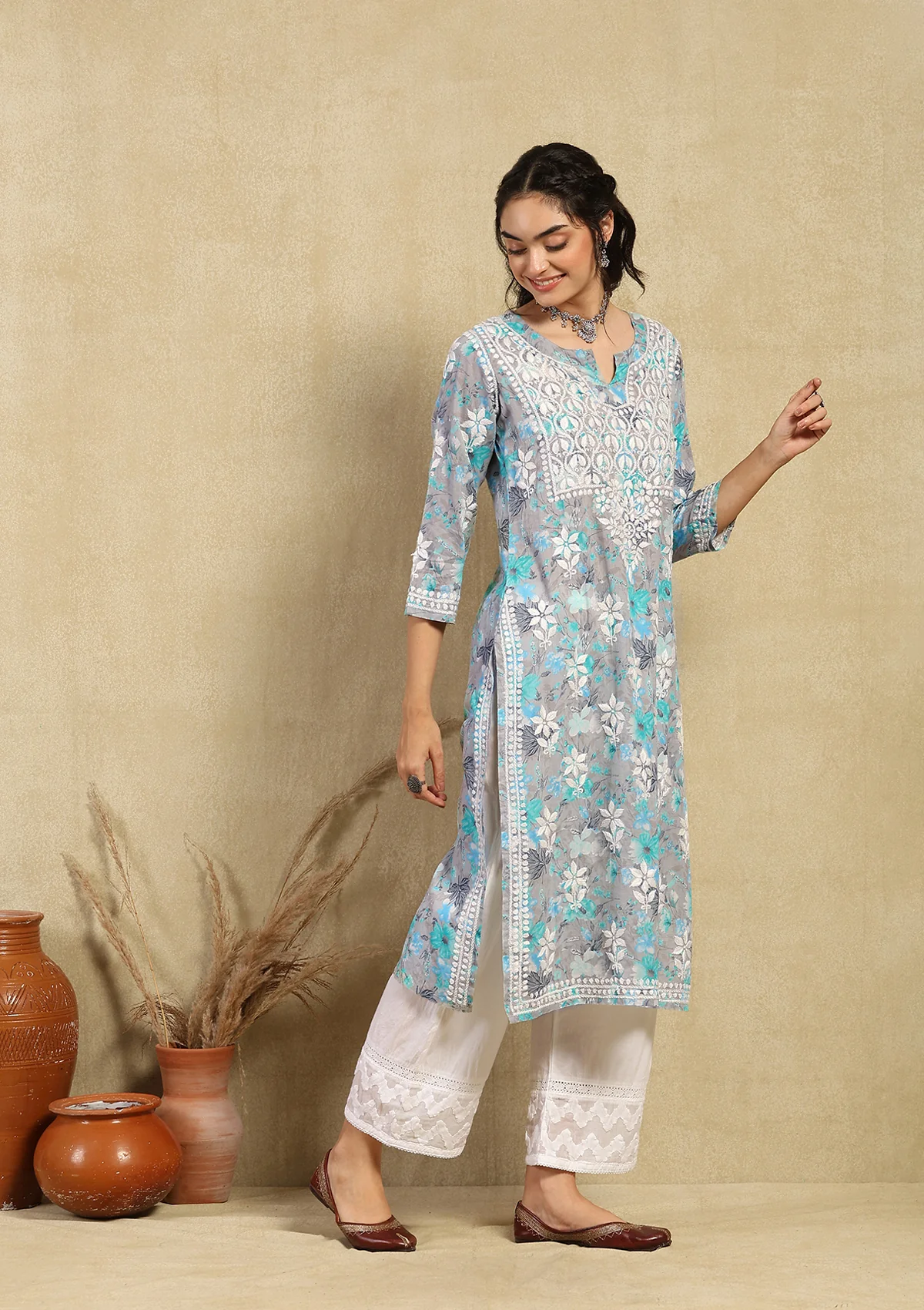 HOC Zarah Chikankari Mulmul Printed Straight Kurta - Healthber