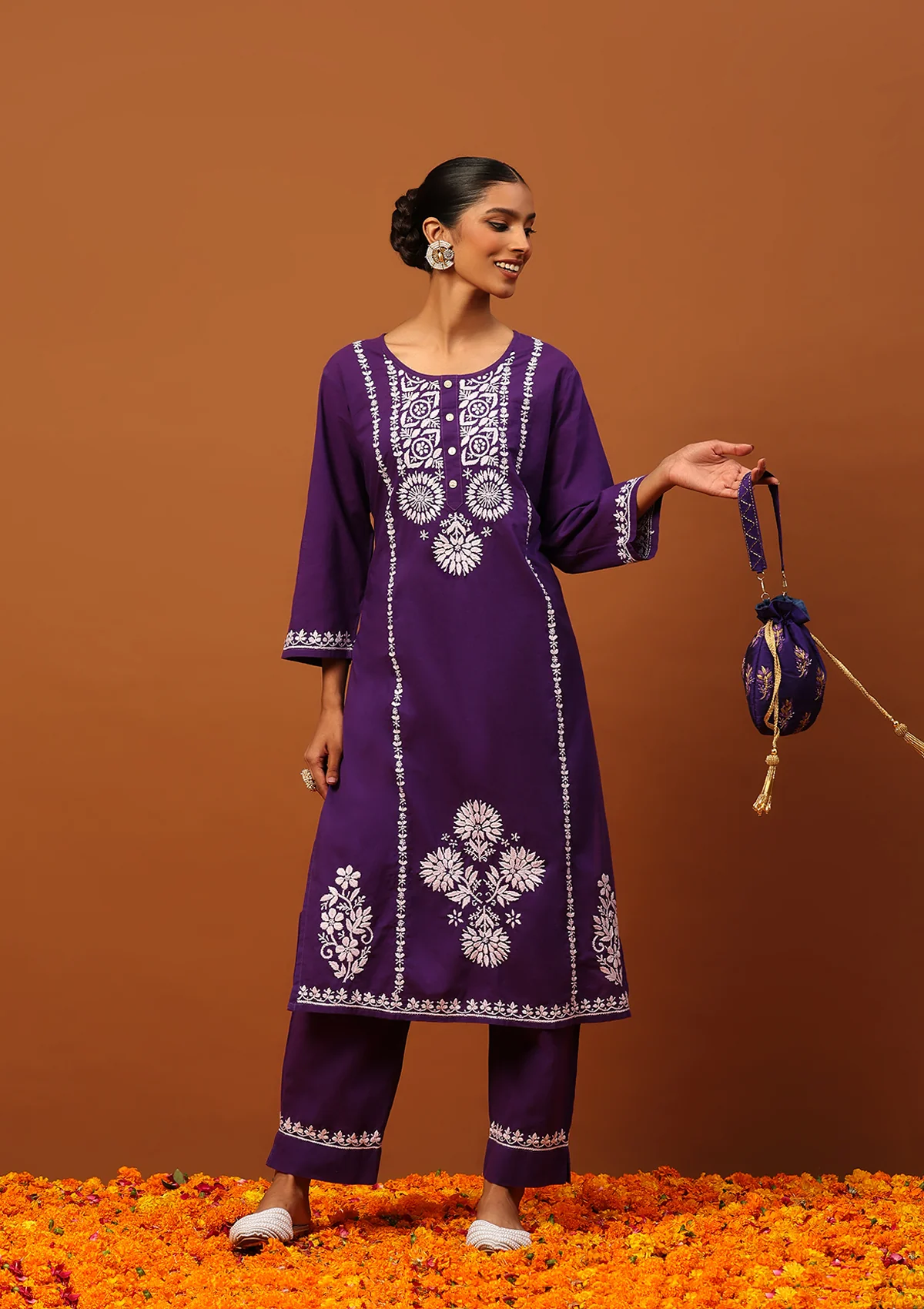HOC Cotton Chikankari Solid Women's 2 PC Long Kurta Set-Purple - Healthber