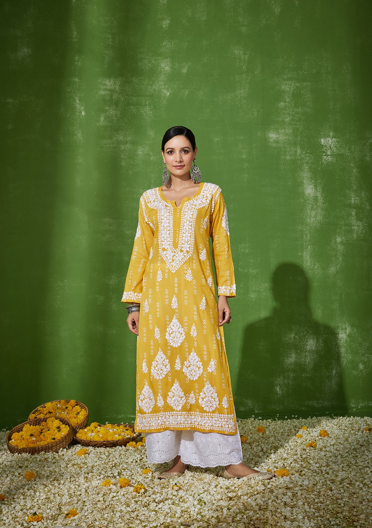 HOC Mira Chikankari Cotton Straight Kurta - Yellow - Healthber
