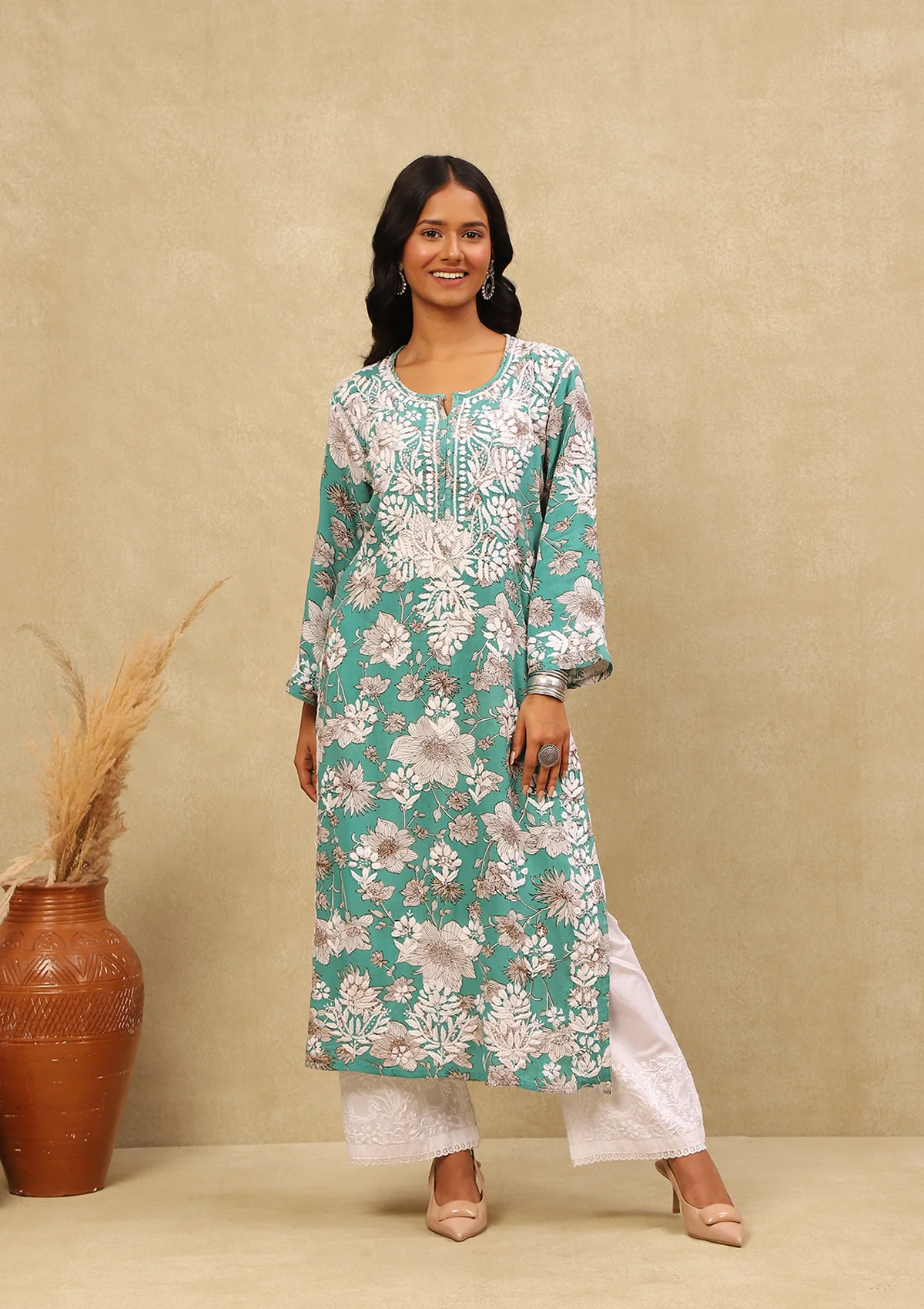 HOC Rayon Chikankari Printed Women's Long Kurta -Mint Green - Healthber