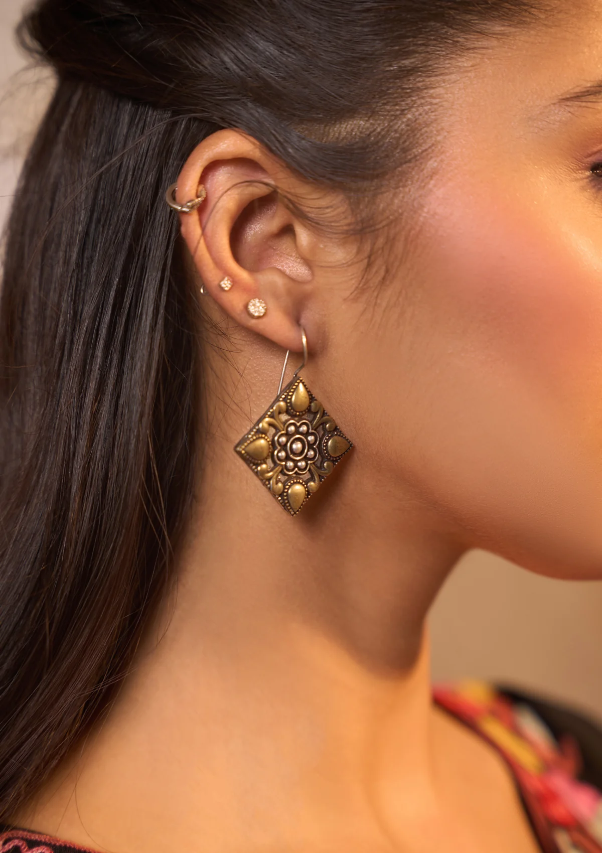 HOC Handcrafted Dual Tone Square Floral Dangle Earrings - Healthber