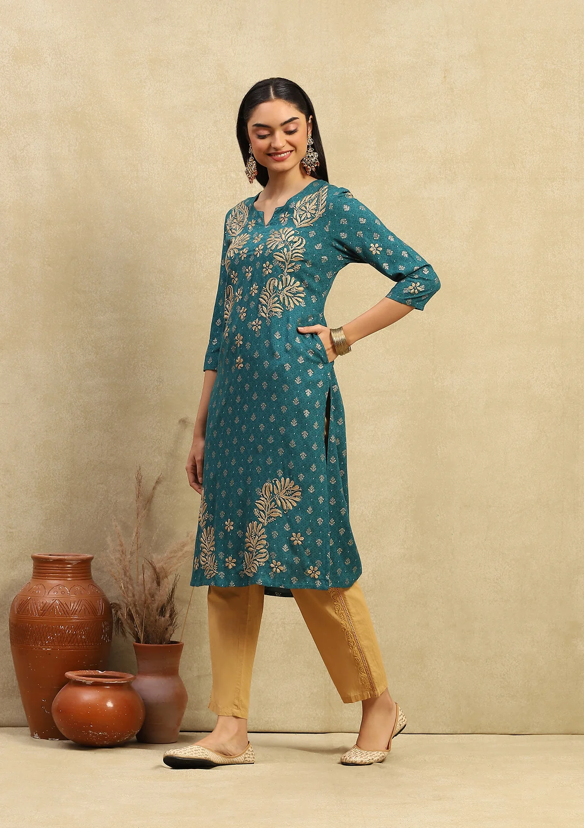 HOC Rayon Chikankari Printed Women's Long Kurta - Sea Green - Healthber