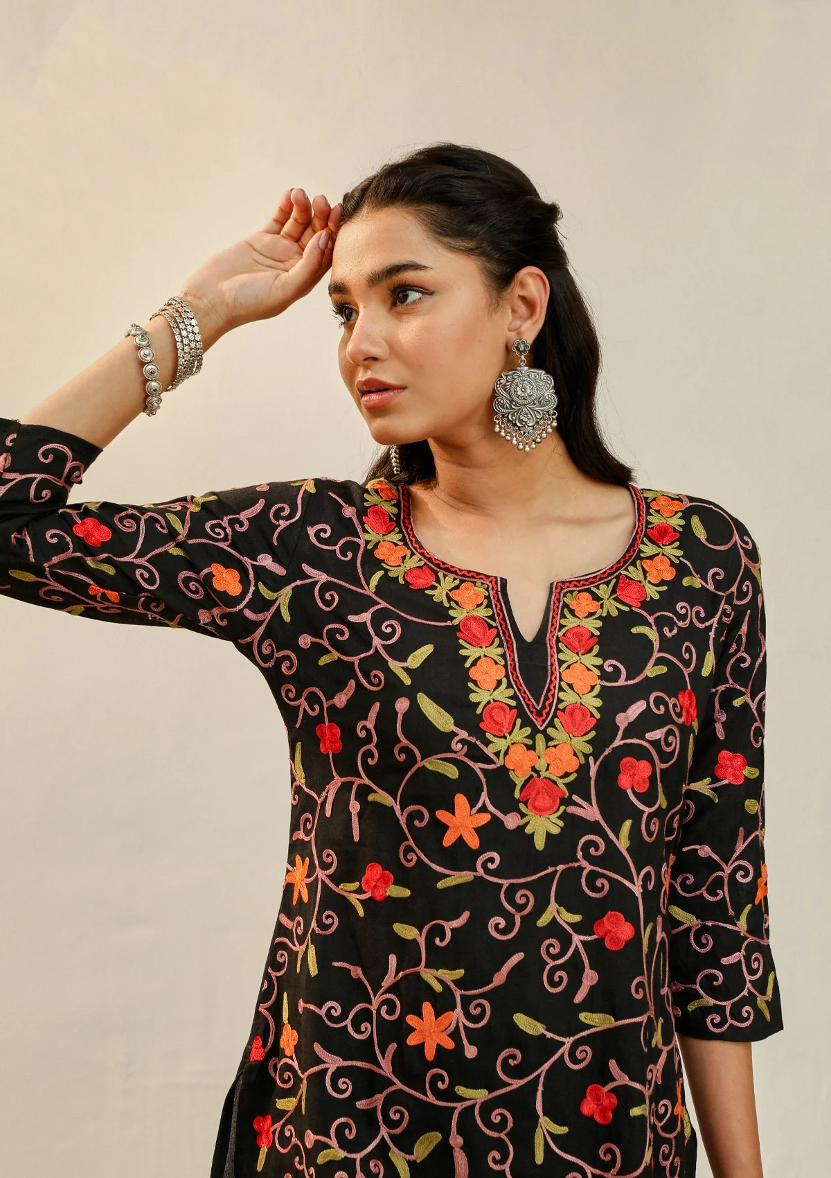 HOC Aari Embroidered Cotton Solid Women's 2PC Long Kurta Set - Black - Healthber