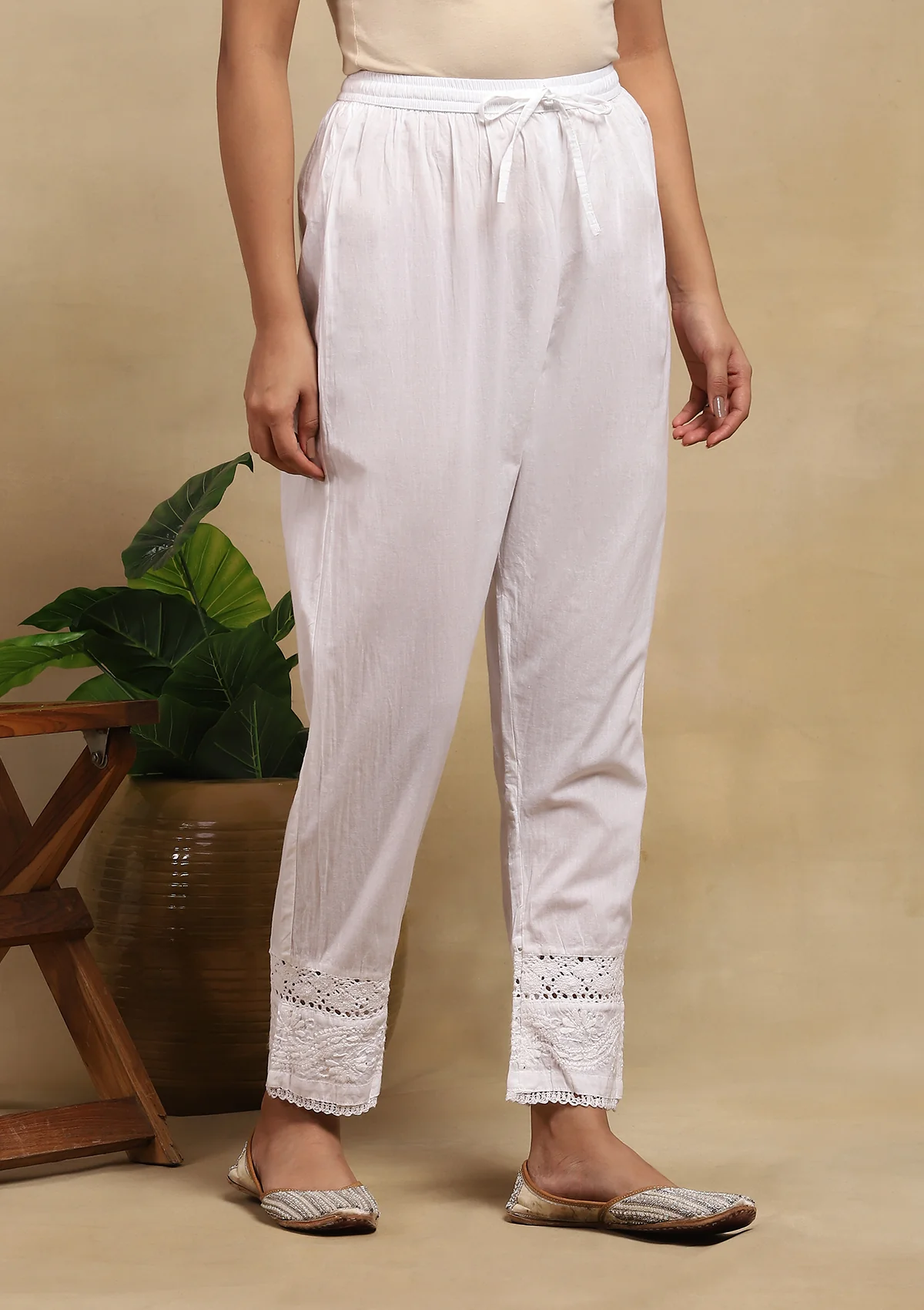 HOC Cotton Chikankari Mukaish Solid Women's Pants With Lace - White - Healthber
