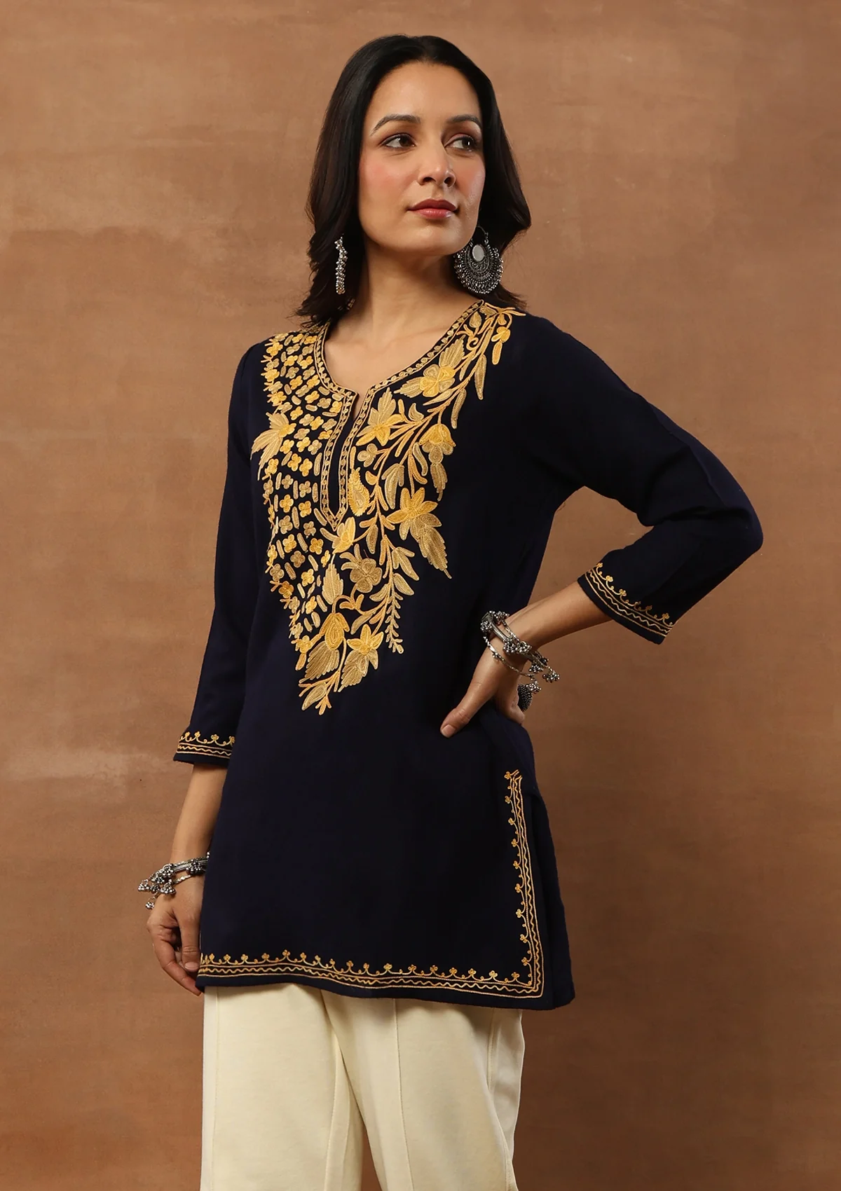HOC Aari Embroidered Woollen Solid Women's Short Kurta - Navy Blue - Healthber
