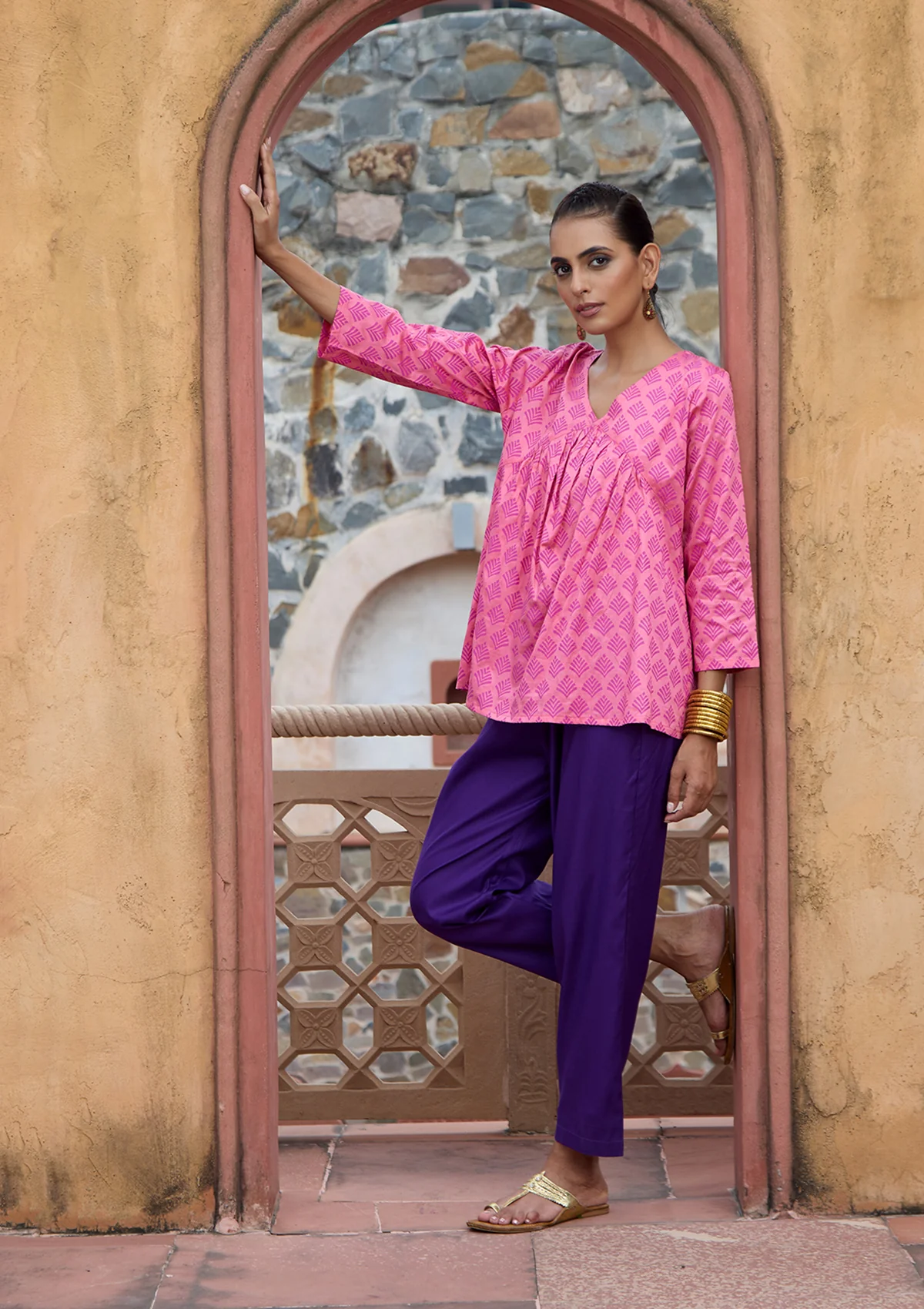 HOC Glazed Cotton Hand Block Printed Women's Short Kurta - Pink - Healthber