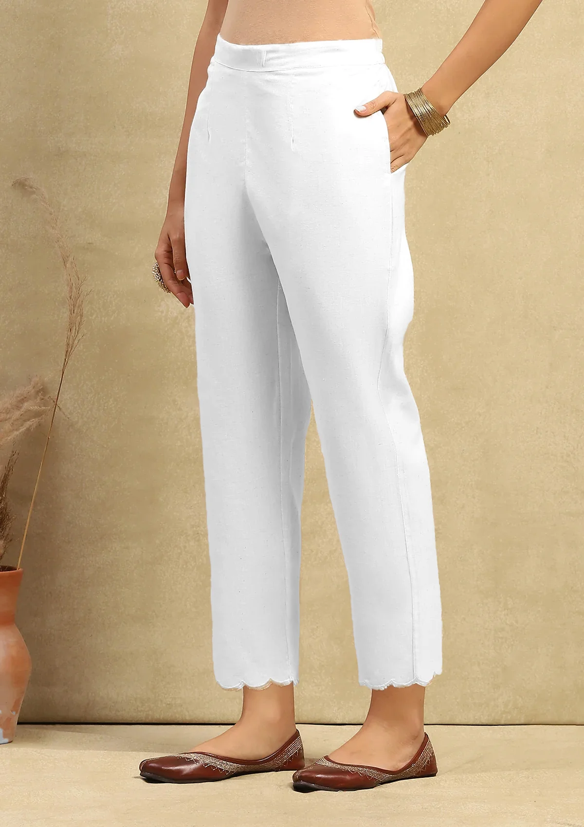 HOC Cotton Women's Solid Scalloped Pant- White - Healthber