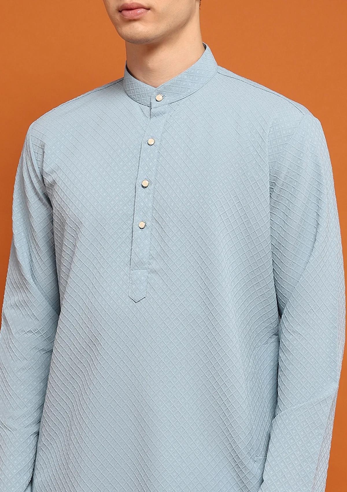 HOC Dobby Textured Solid Men's Long Kurta - Powder Blue - Healthber