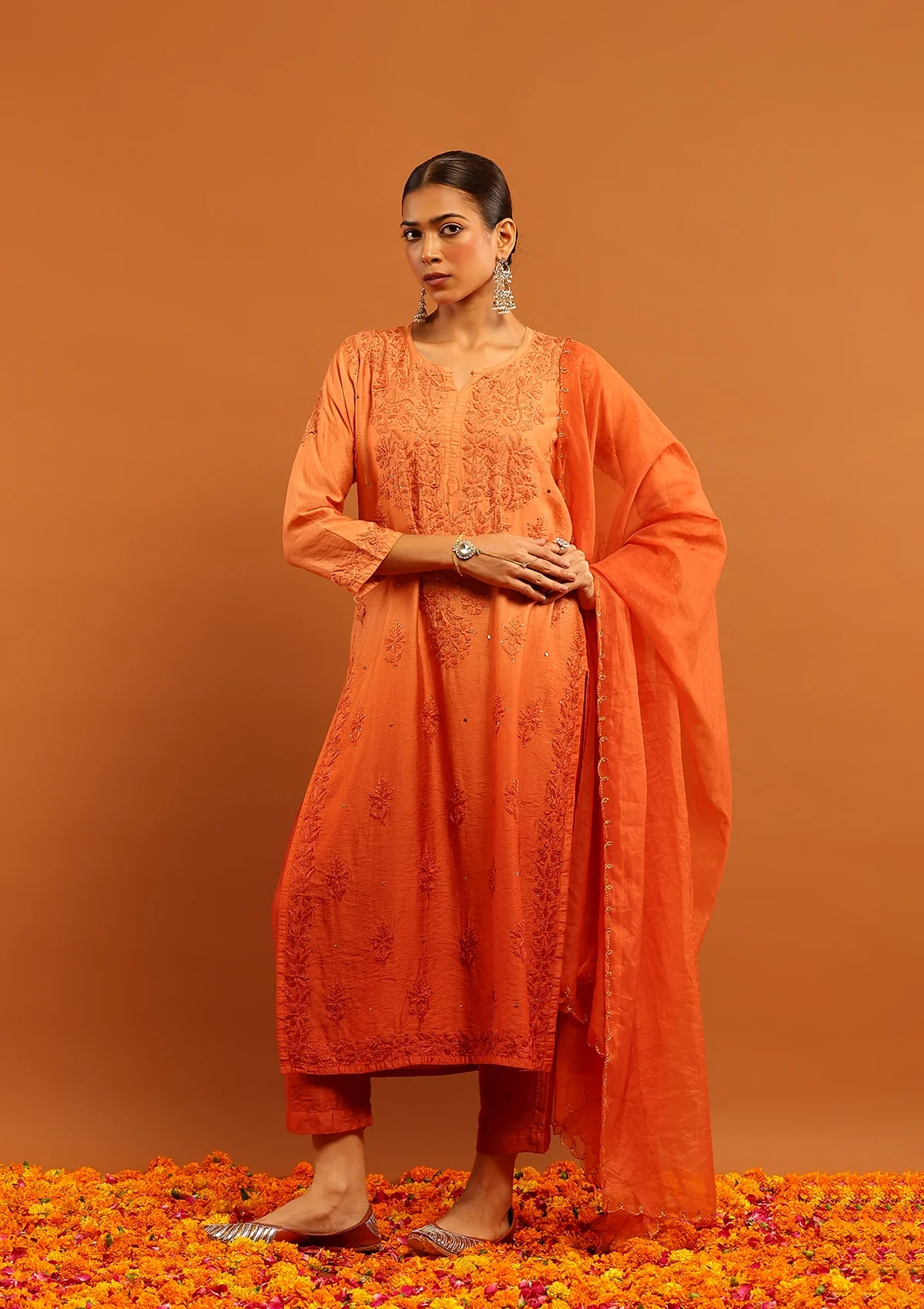 Karisma Chanderi Chikankari Mukaish With Kamdani Work Solid Women's 3 PC Long Kurta Set - Orange - Healthber