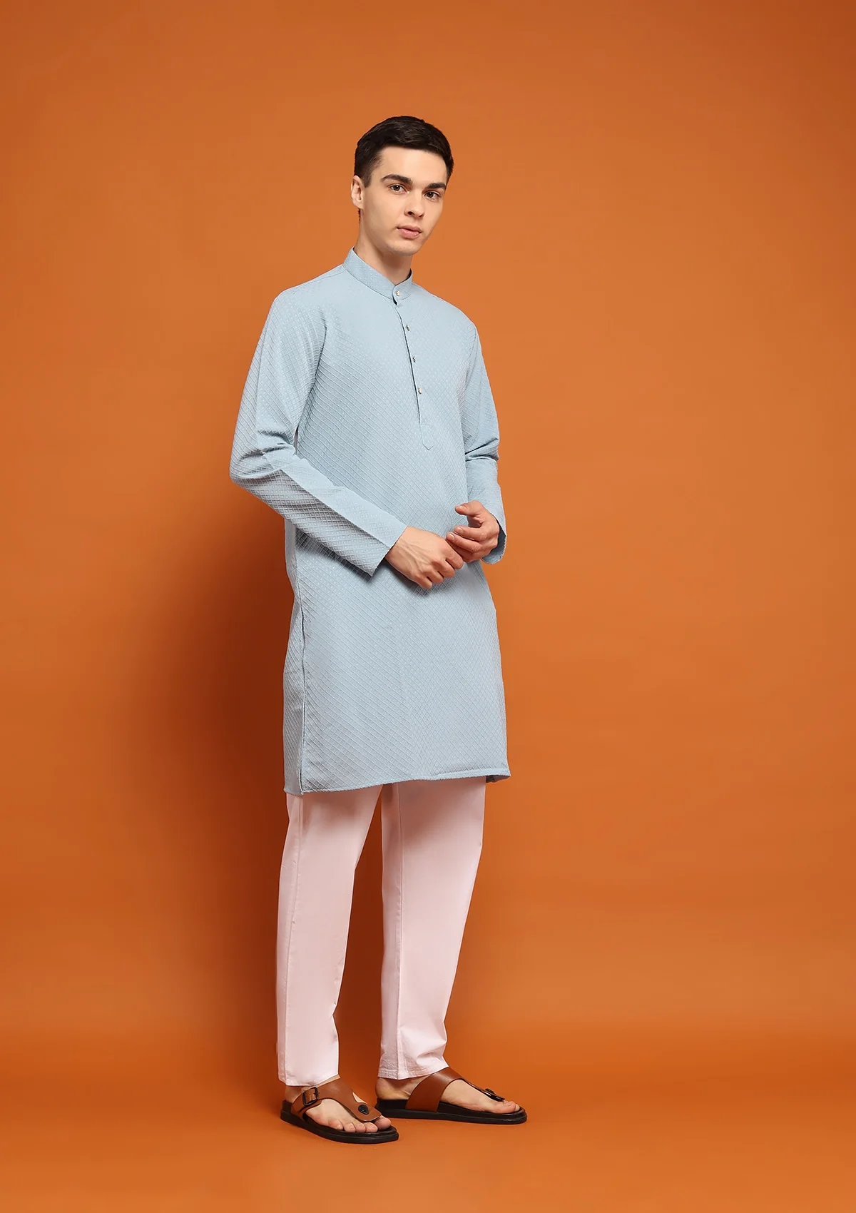 HOC Dobby Textured Solid Men's Long Kurta - Powder Blue - Healthber