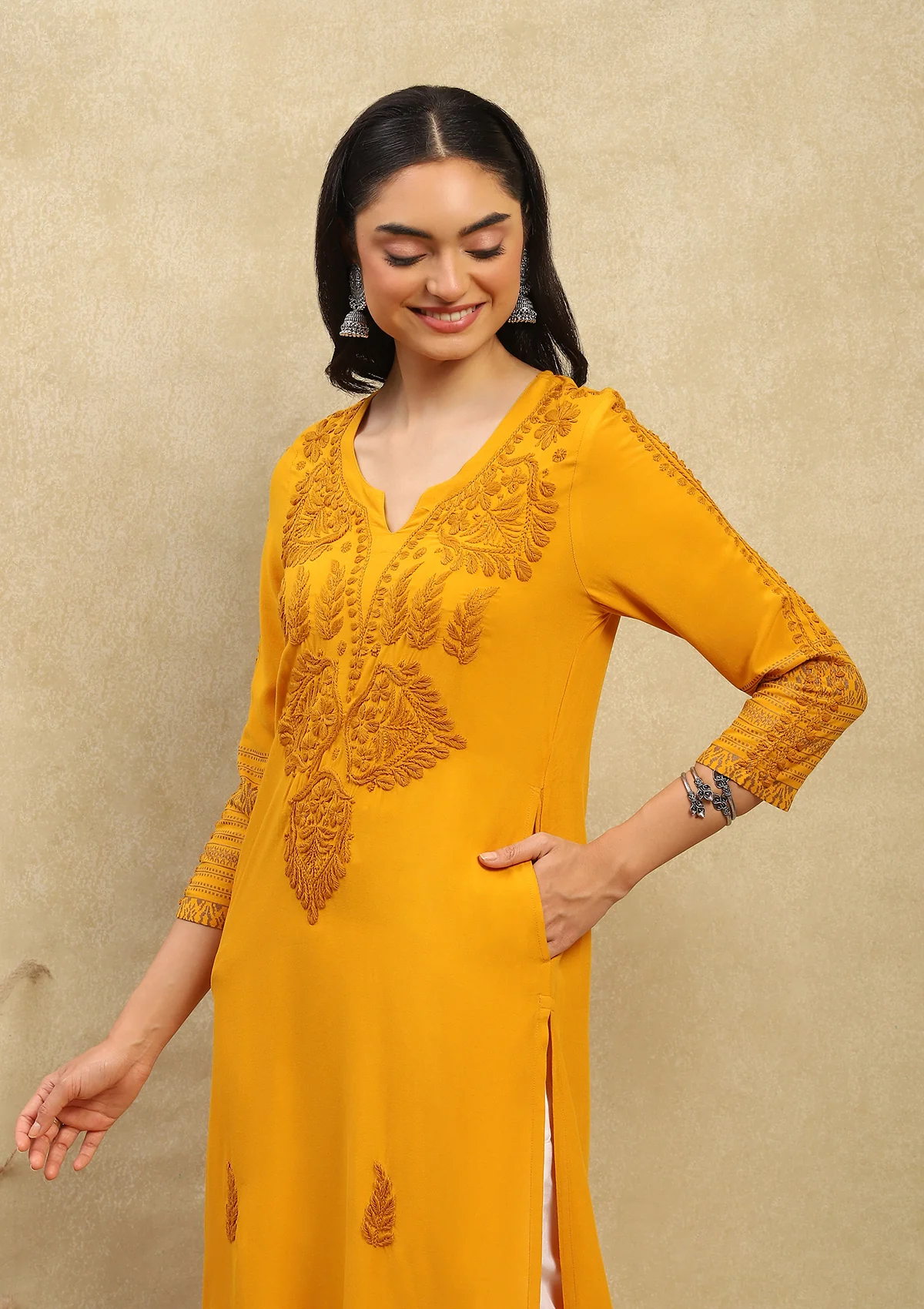 HOC Rayon Chikankari Printed Women's Long Kurta - Mustard Yellow - Healthber