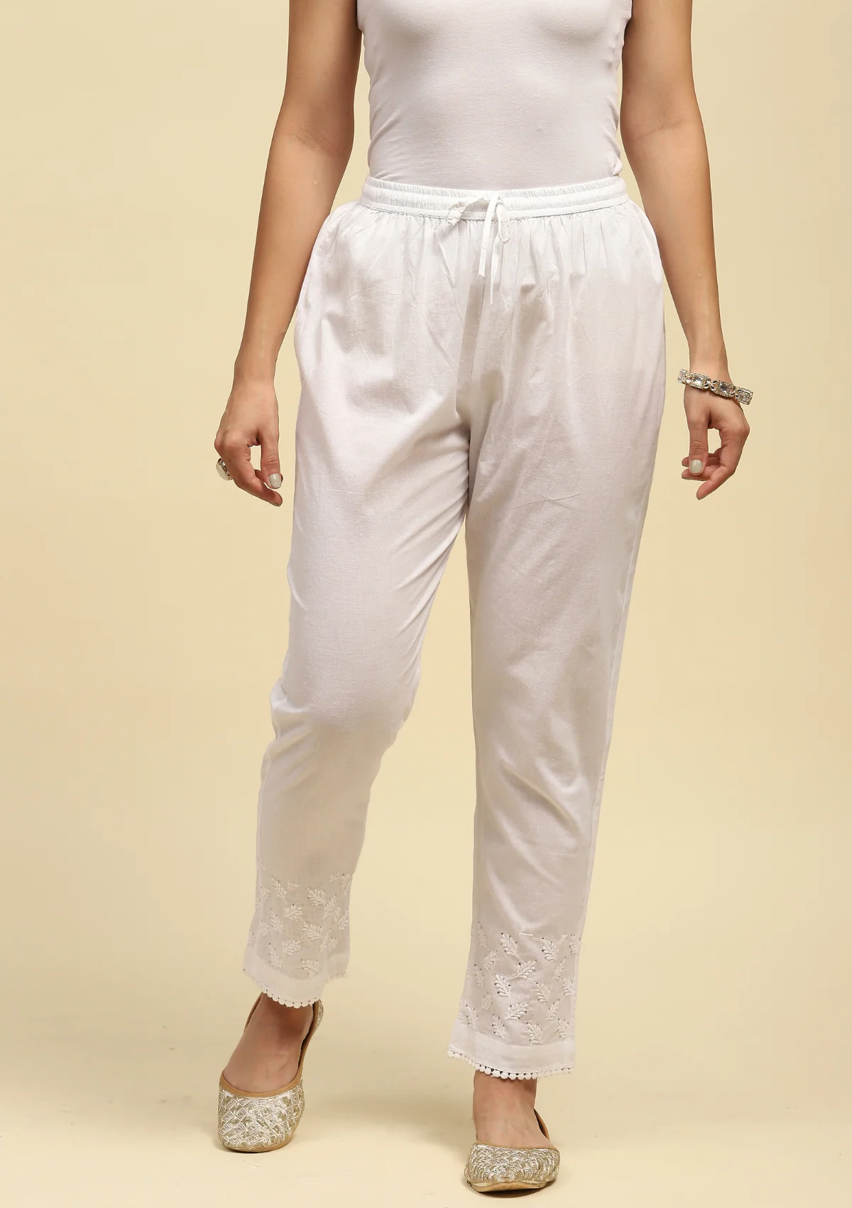 Cotton Chikankari With Mukaish Solid Women's Pants - White - Healthber