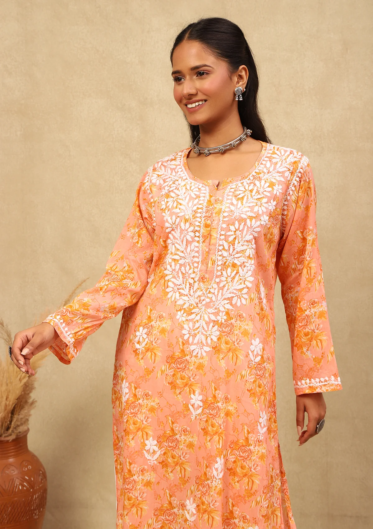 HOC Mulmul Chikankari Printed Women's Long Kurta -Orange - Healthber
