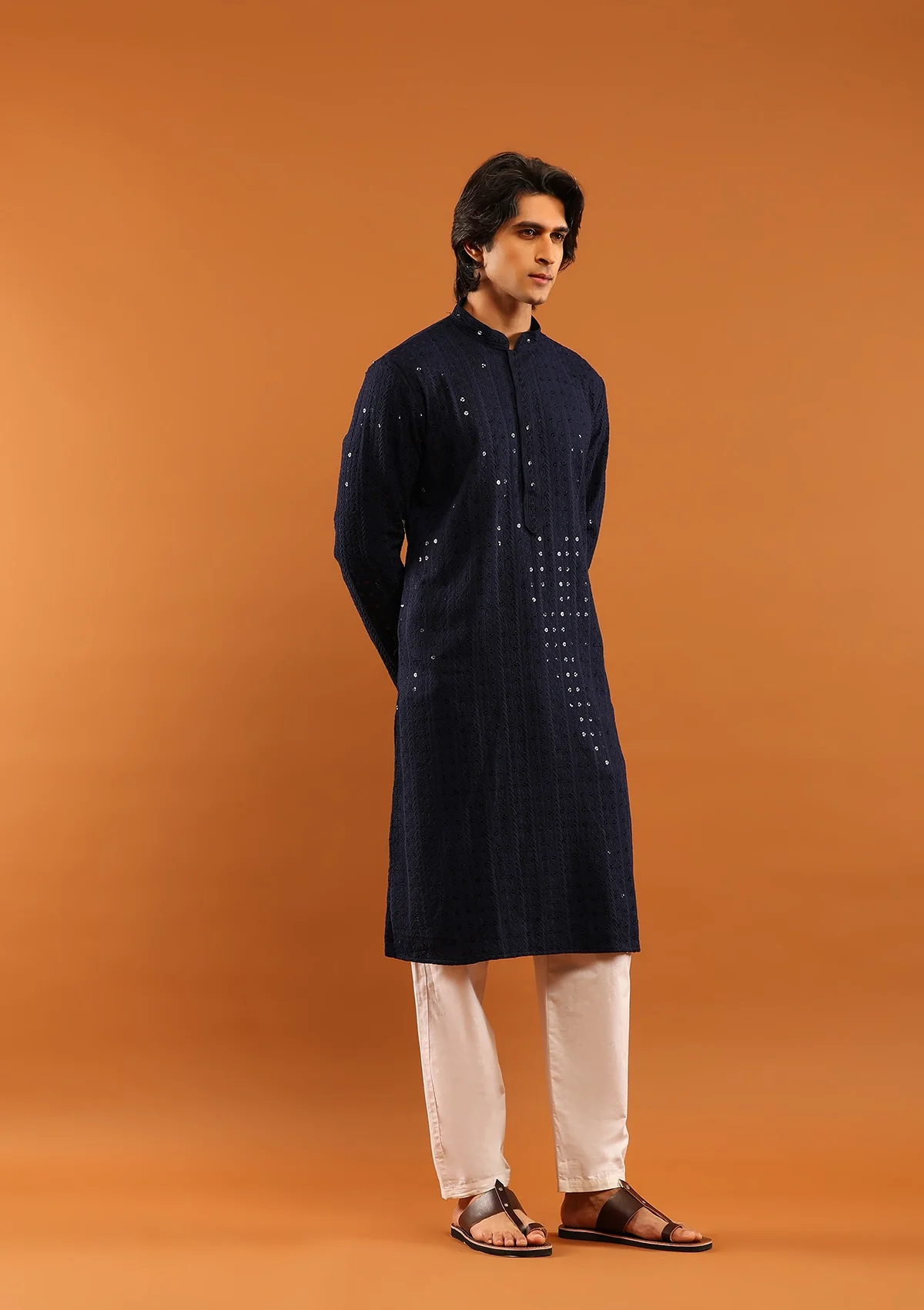 HOC Rayon Embroidered With Sequins Solid Men's Long Kurta- Navy Blue - Healthber