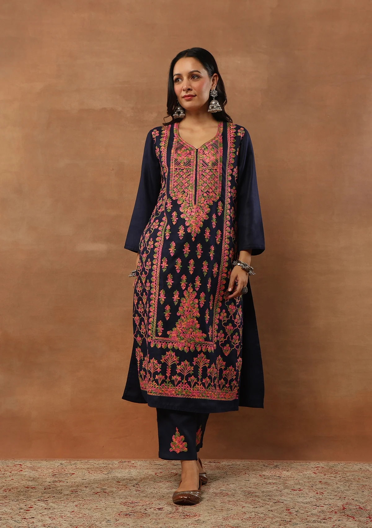 HOC Aari Woollen Straight Kurta Set with Dupatta-Blue - Healthber