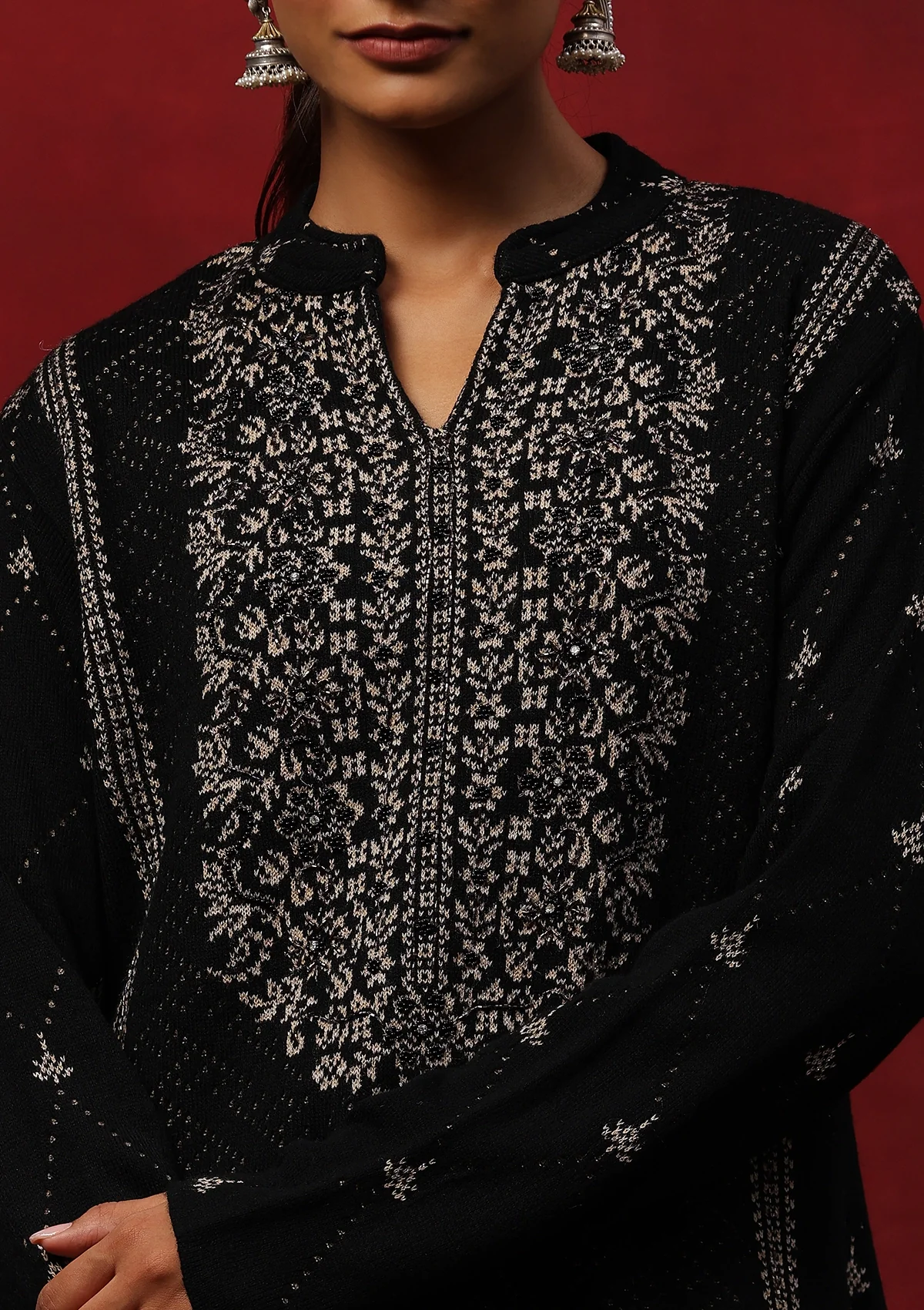 HOC Crafts Woollen Hand Embellished Solid Women's 3 PC Kurta Set - Black - Healthber