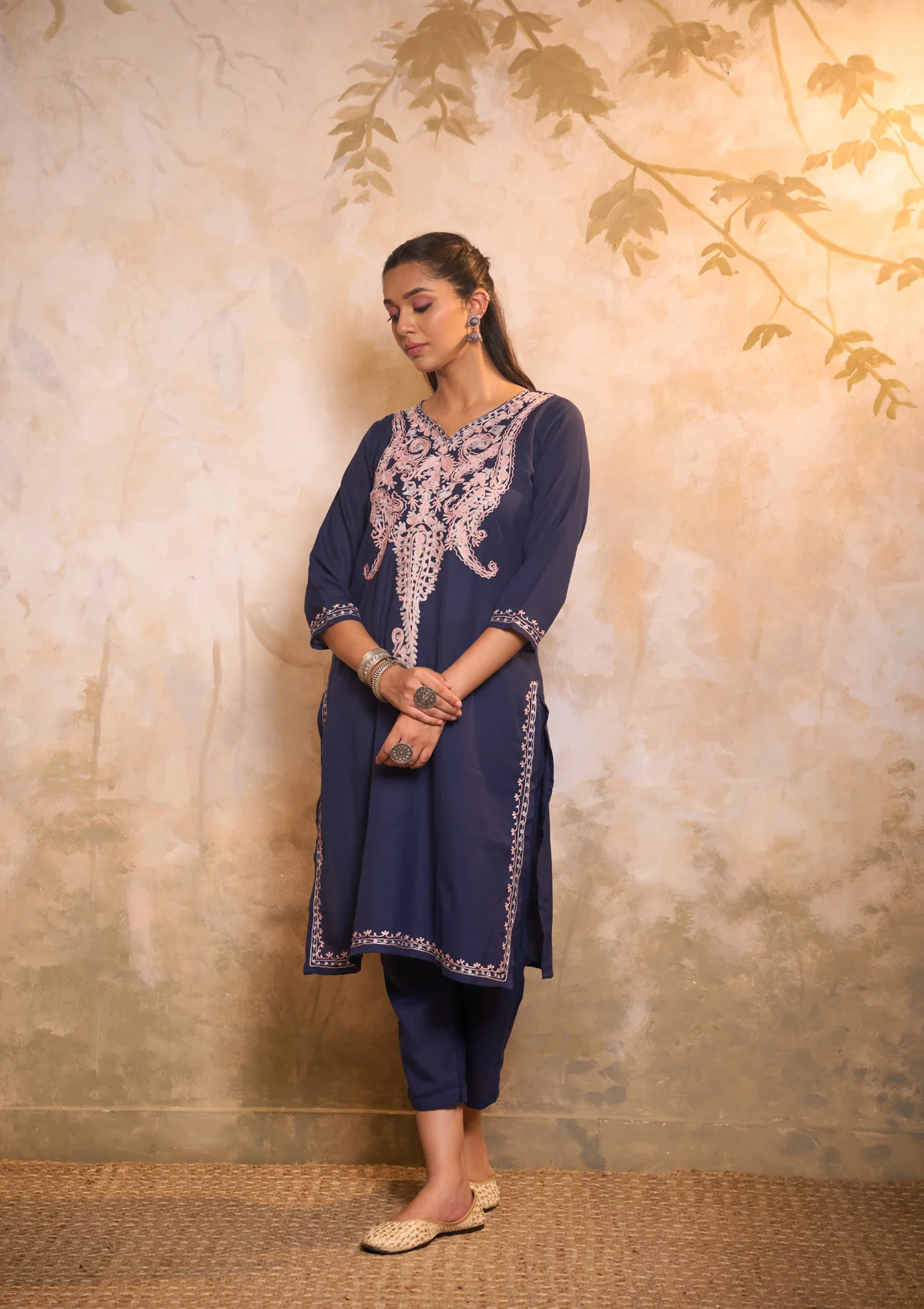 HOC Cotton Embroidered Aari With Zari Work Solid Women's 2 PC Long Kurta Set - Navy Blue - Healthber