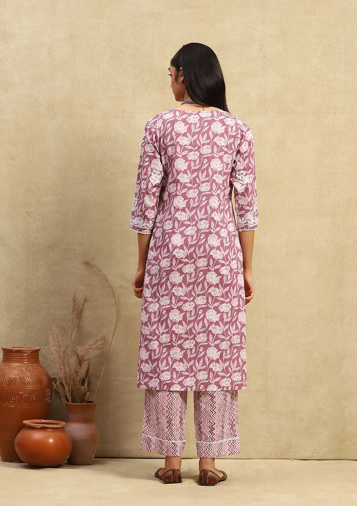 HOC Cotton Chikankari Printed Women's 2PC Long Kurta Set - Purple - Healthber