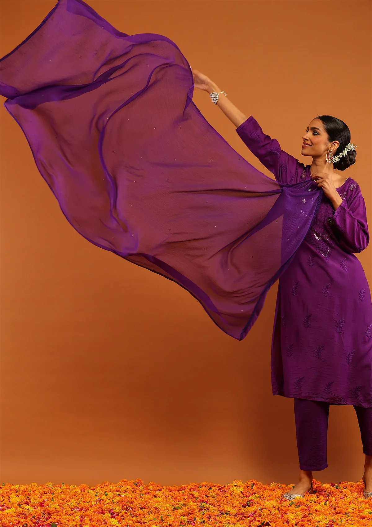 HOC Chiffon Hand Embellished Solid Women's Dupatta With Lace - Purple - Healthber