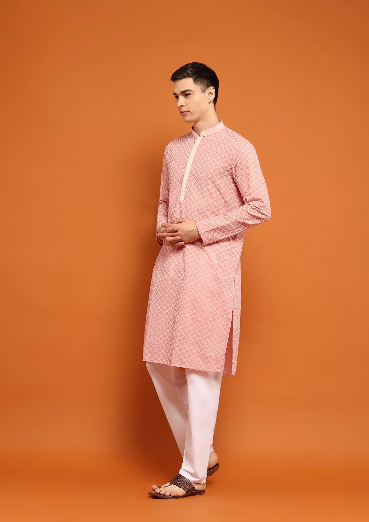 HOC Dobby Textured Solid Men's Long Kurta - Peach - Healthber