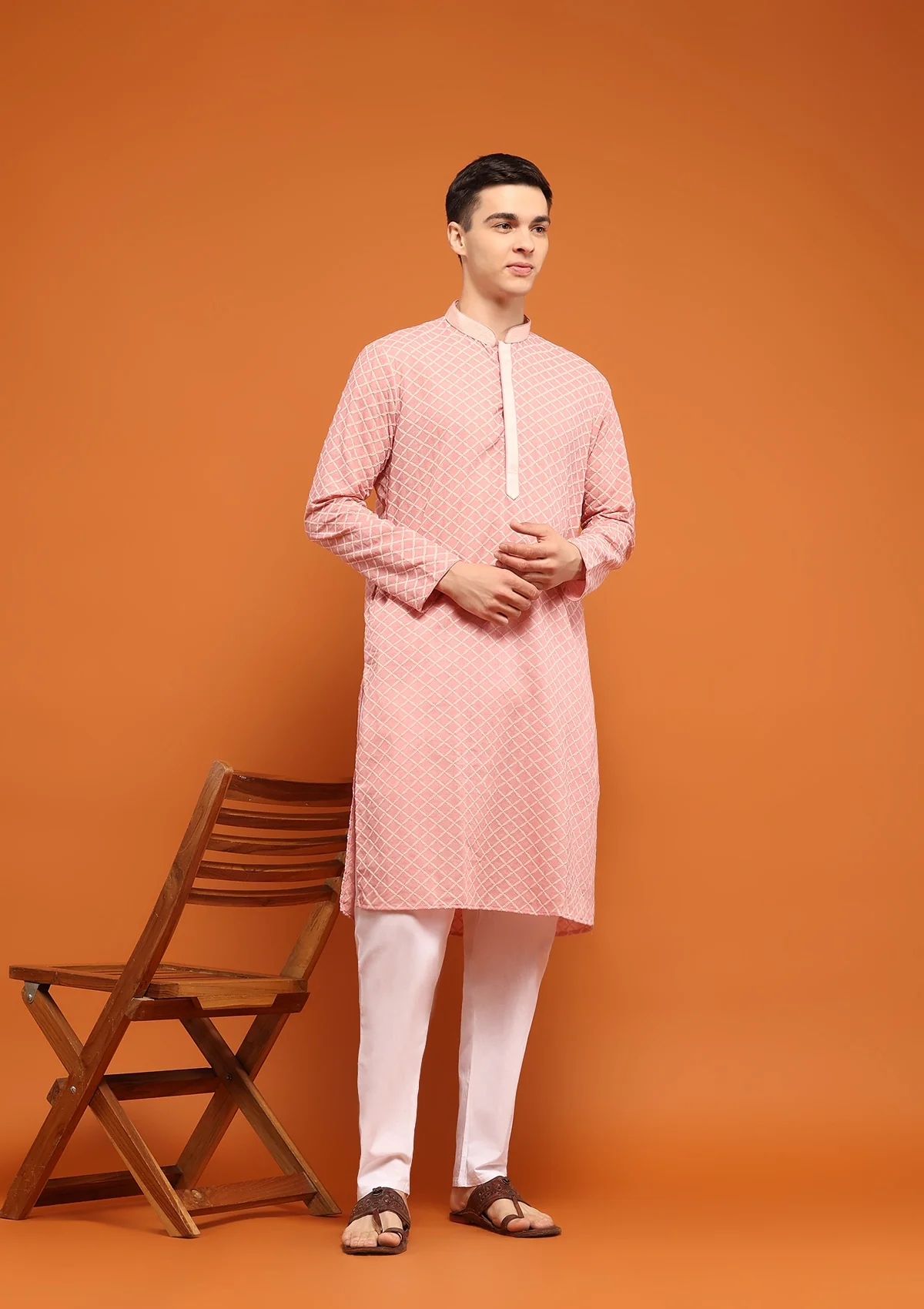 HOC Dobby Textured Solid Men's Long Kurta - Peach - Healthber