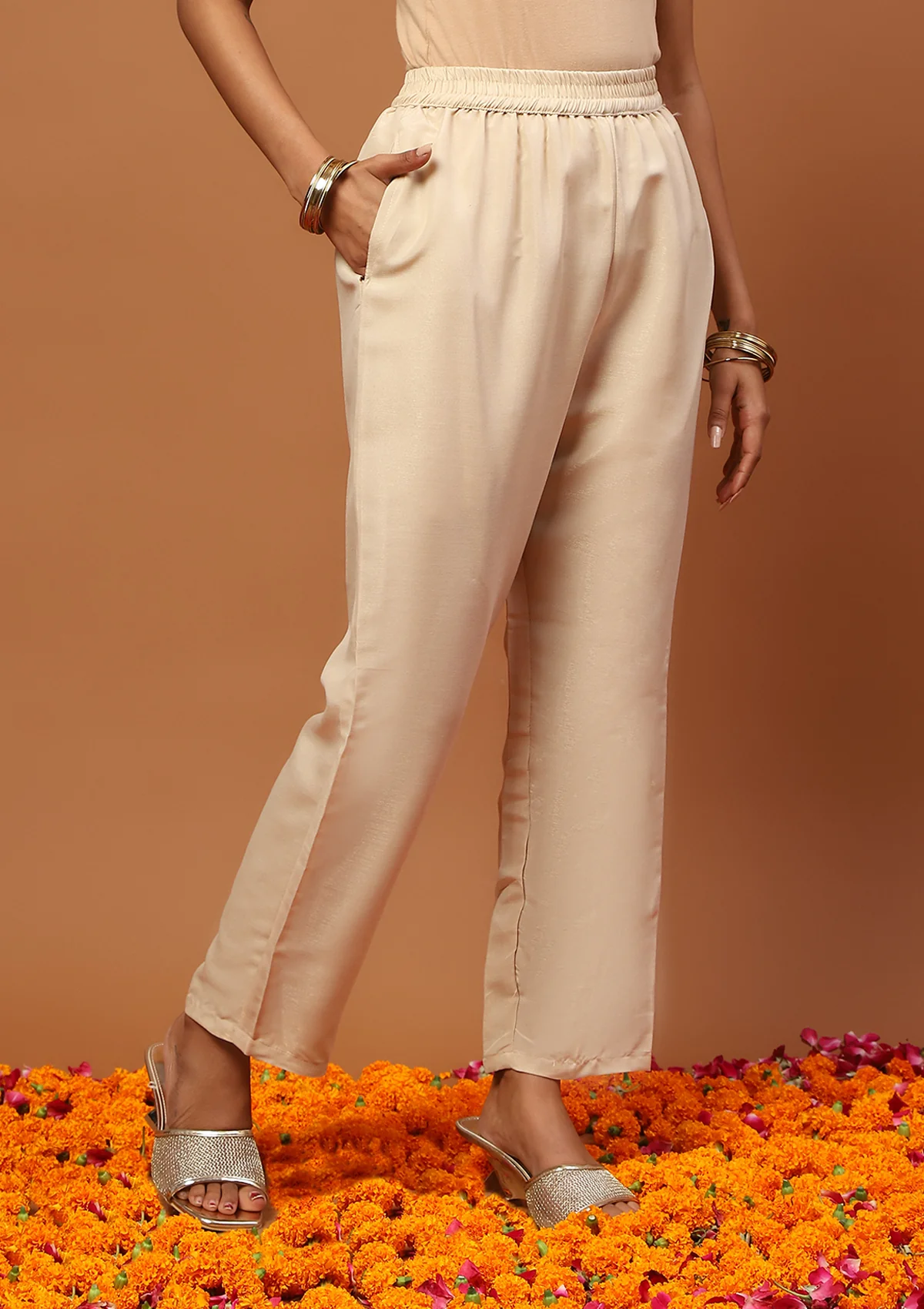 HOC Cotton Blend Embroidered With Sequin 3 PC Straight Kurta Set  C Beige - Healthber