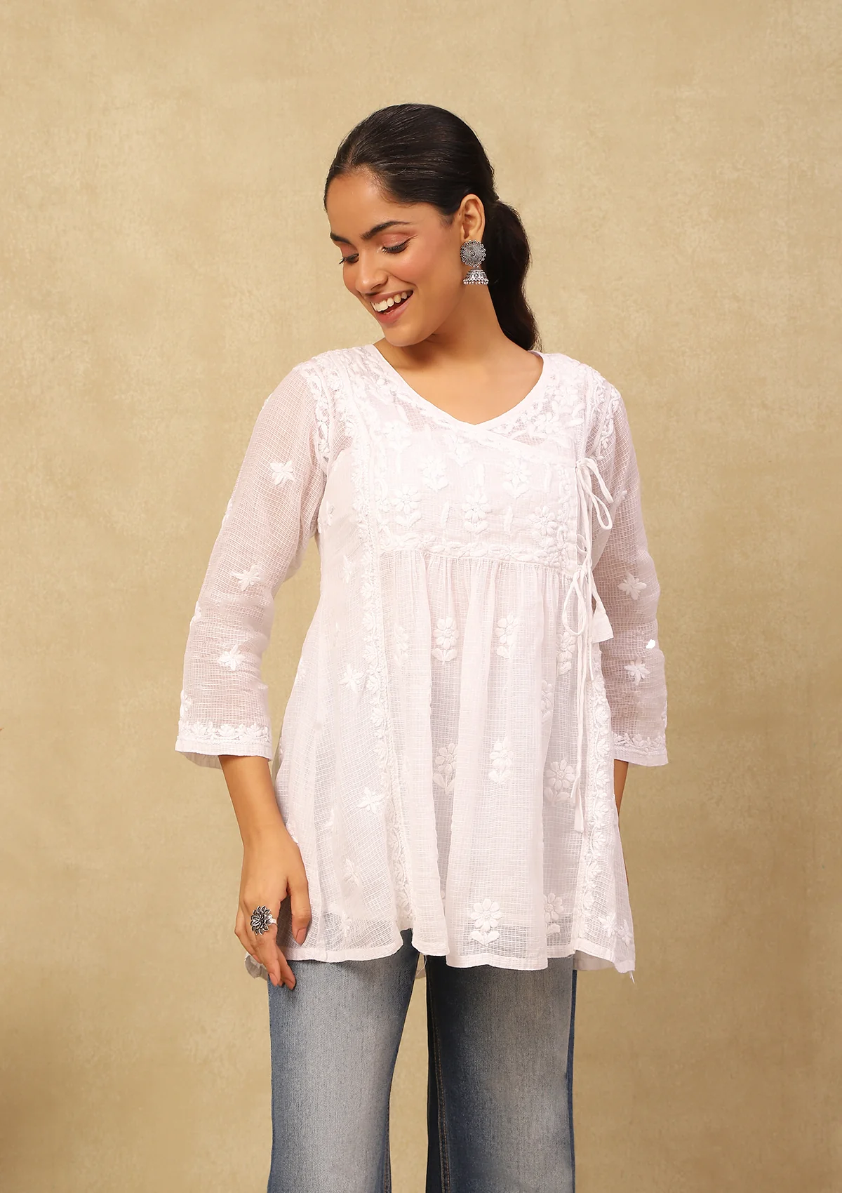 HOC Kota Chikankari Solid Women's Short Angrakha Kurta With Inner -White - Healthber