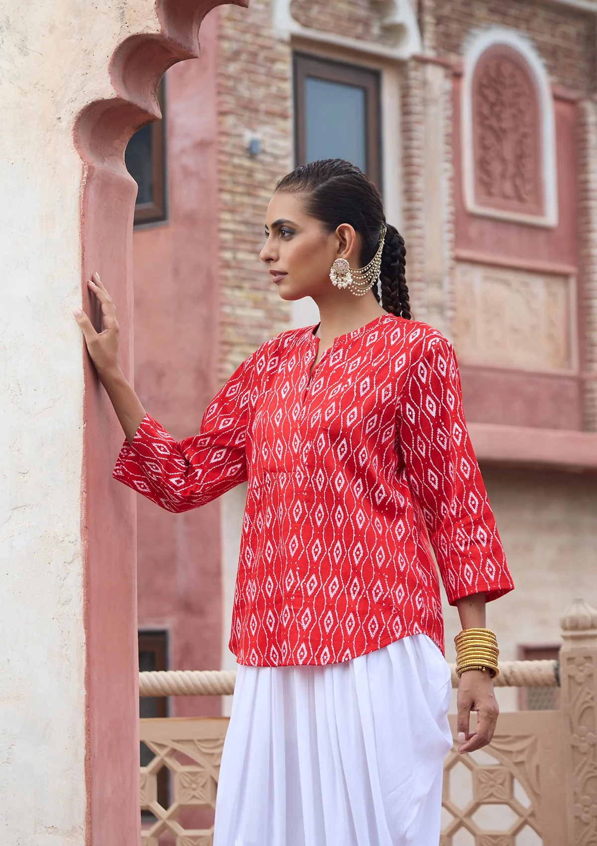HOC Glazed Cotton Hand Block Printed with Hand Embroidery Women's Short Kurta - Red - Healthber