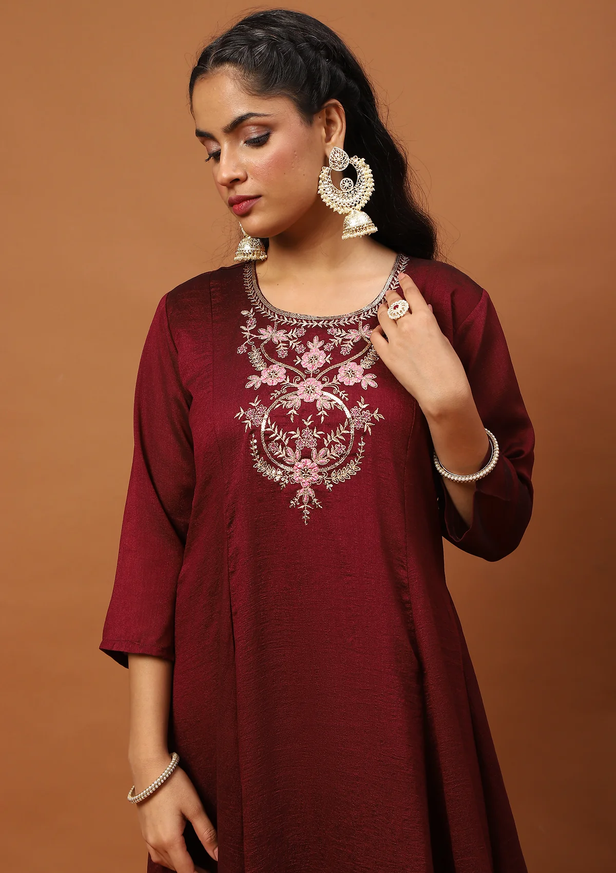 HOC Silk Blend Zari Embroidered With Sequins Solid Women's 3 PC Anarkali Kurta Set-Maroon - Healthber