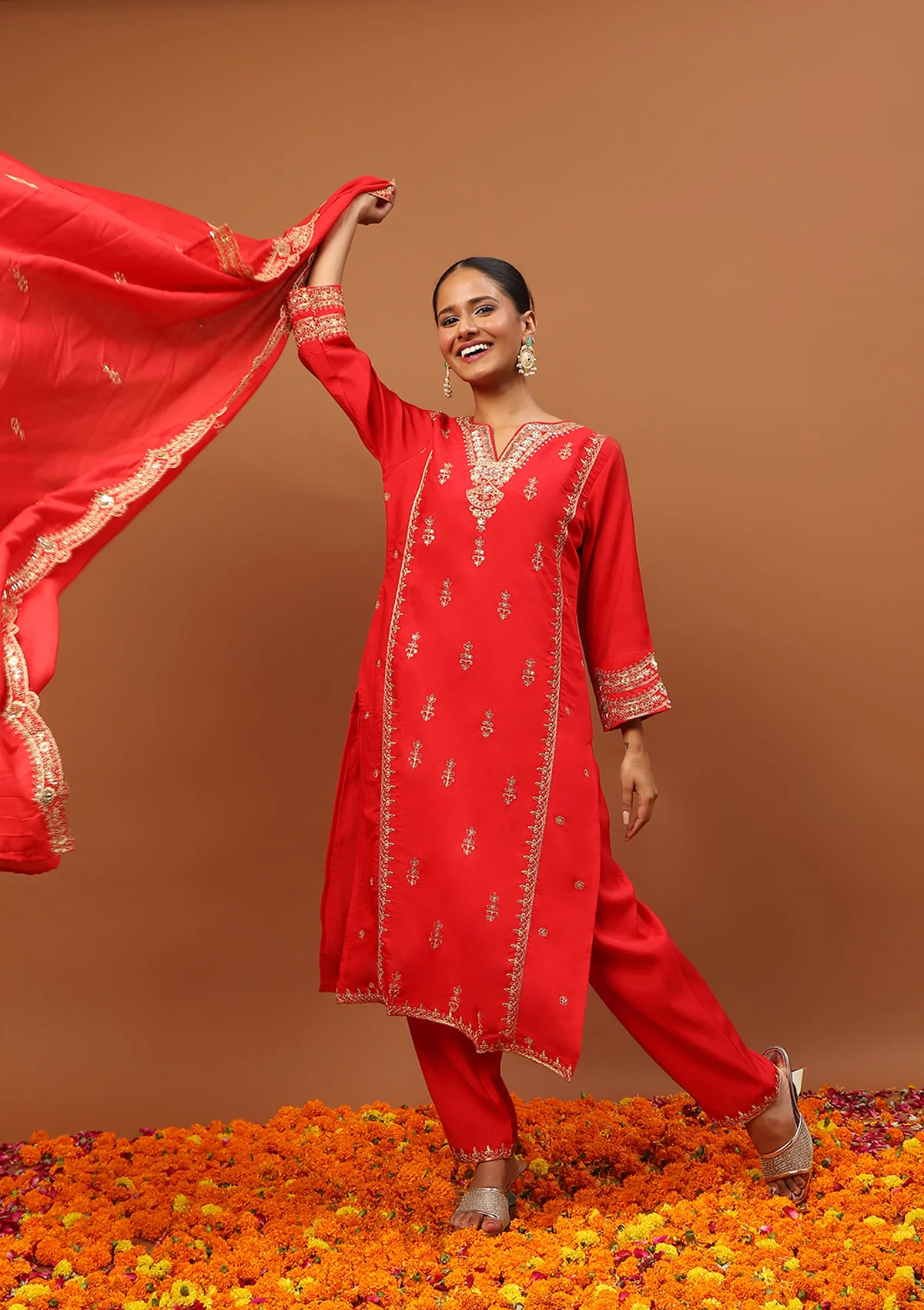 HOC Chanderi Blend Embroidered Zardozi Solid Women's 3 PC Long Kurta Set-Red - Healthber