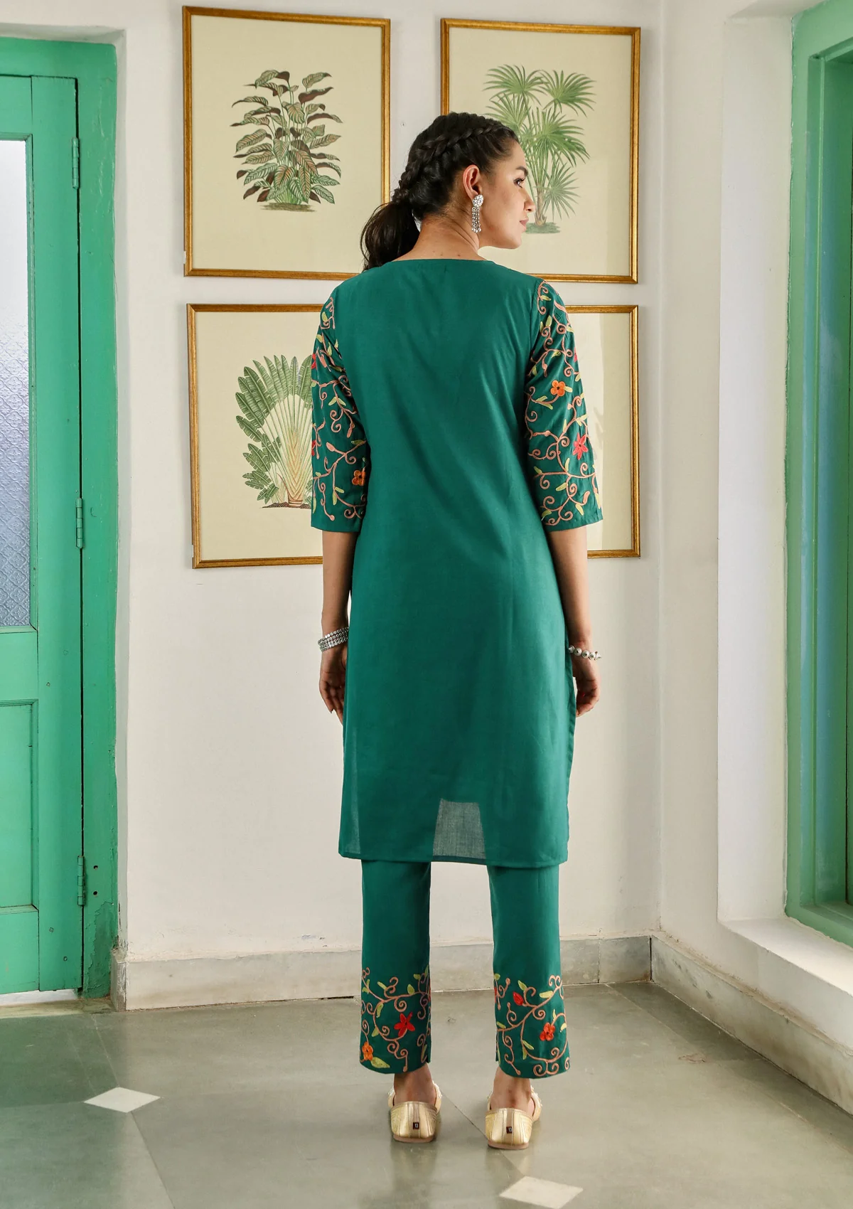 HOC Aari Embroidered Cotton Solid Women's 2PC Long Kurta Set - Teal Green - Healthber