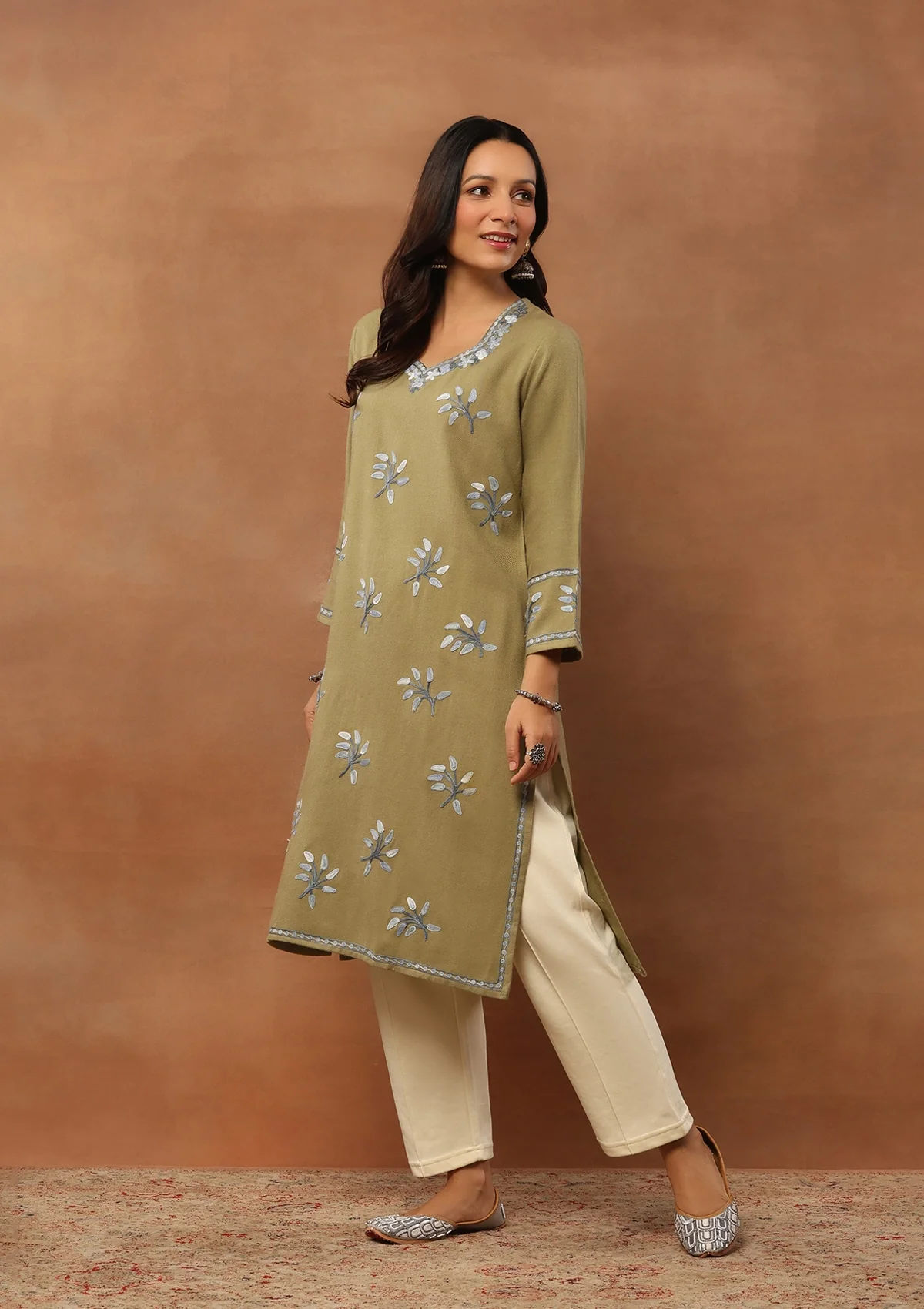HOC Aari Embroidered Woollen Solid Women's Long Kurta - Olive - Healthber