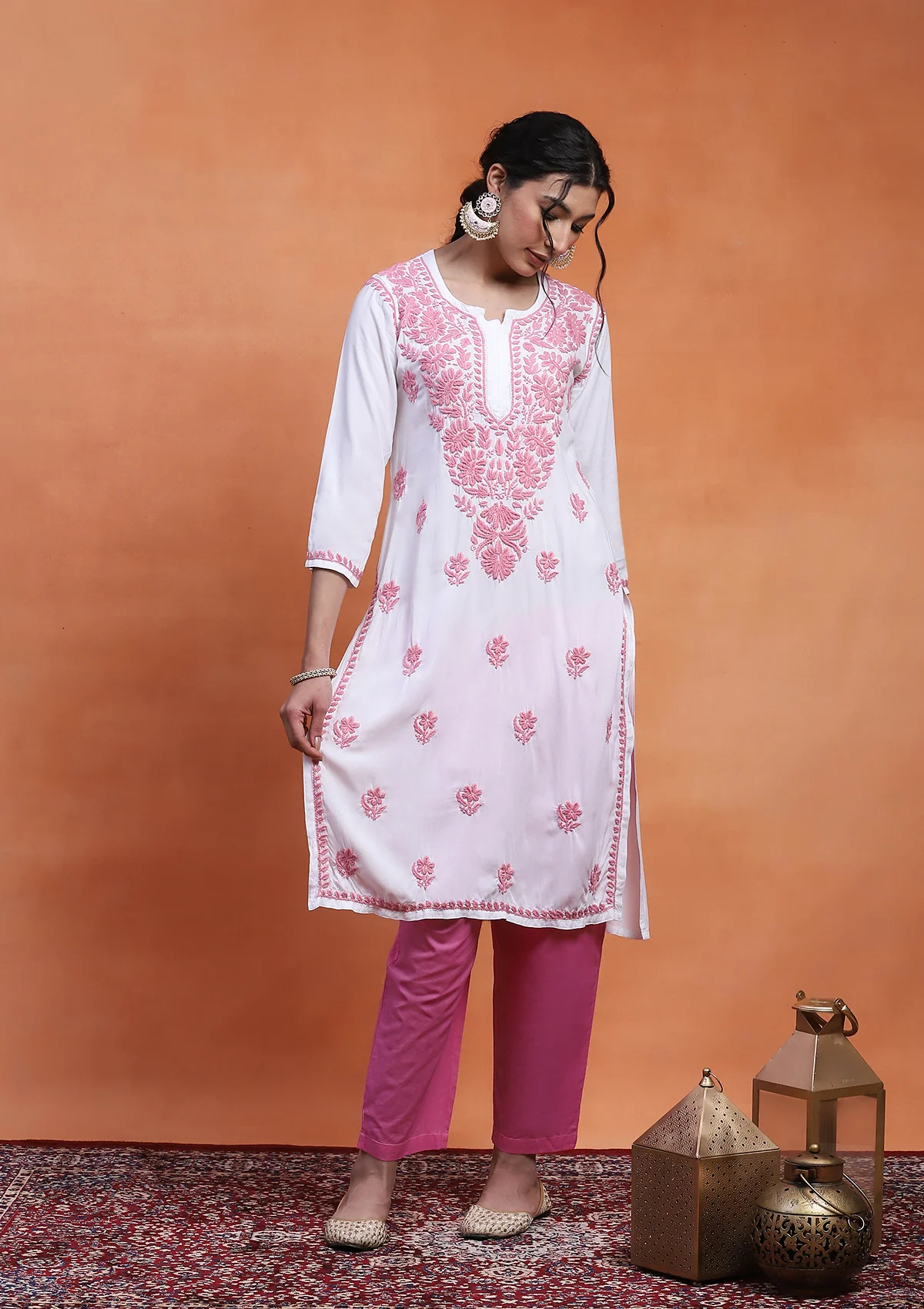HOC Rayon Chikankari Solid Women's Long Kurta - White - Healthber