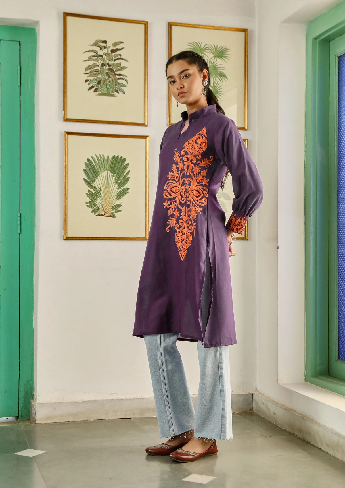 HOC Aari Embroidered Cotton Solid Women's Long Kurta - Purple - Healthber