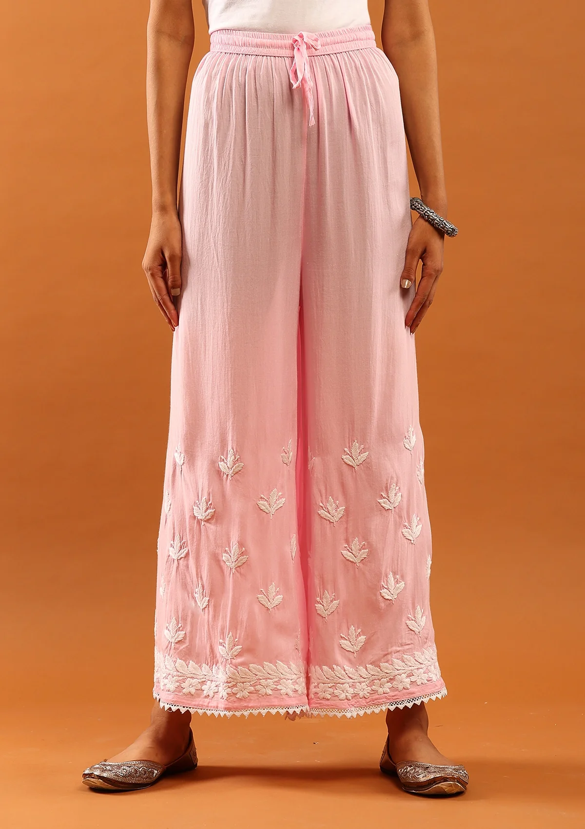 HOC Modal Chikankari Solid Women's 2 PC Long Kurta Set With Lace -Pink - Healthber