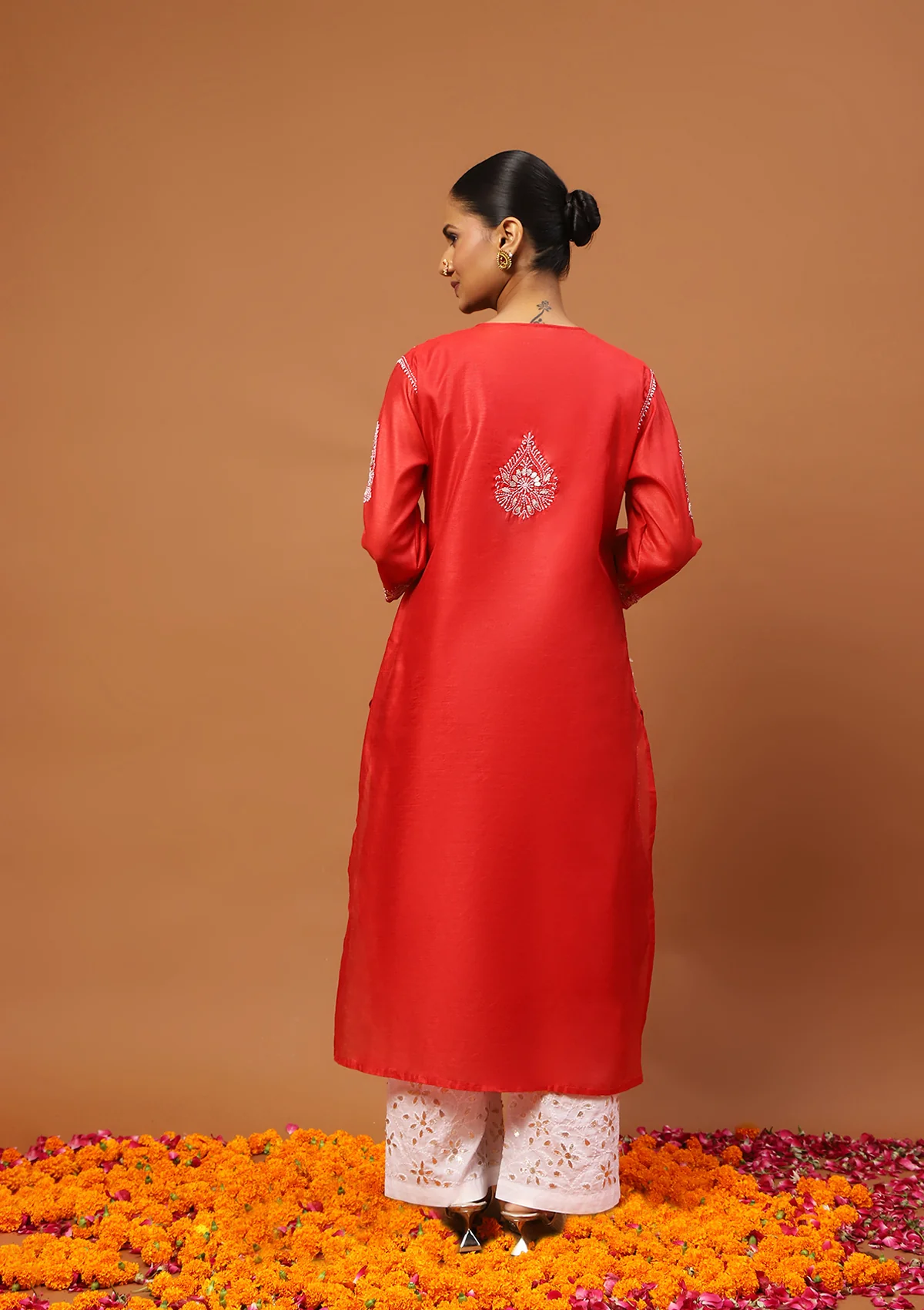 HOC Chanderi Chikankari Gota Work Solid Women's 4 PC Long Kurta Set-Red - Healthber