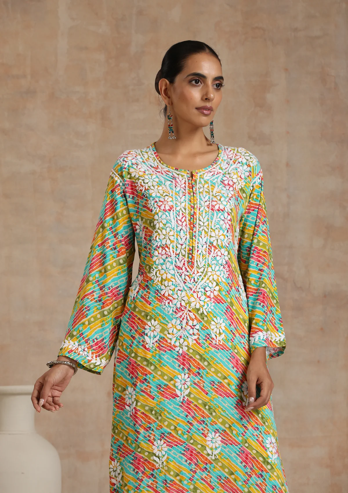 HOC Rayon Chikankari Printed Women's Long Kurta - Dark Green - Healthber