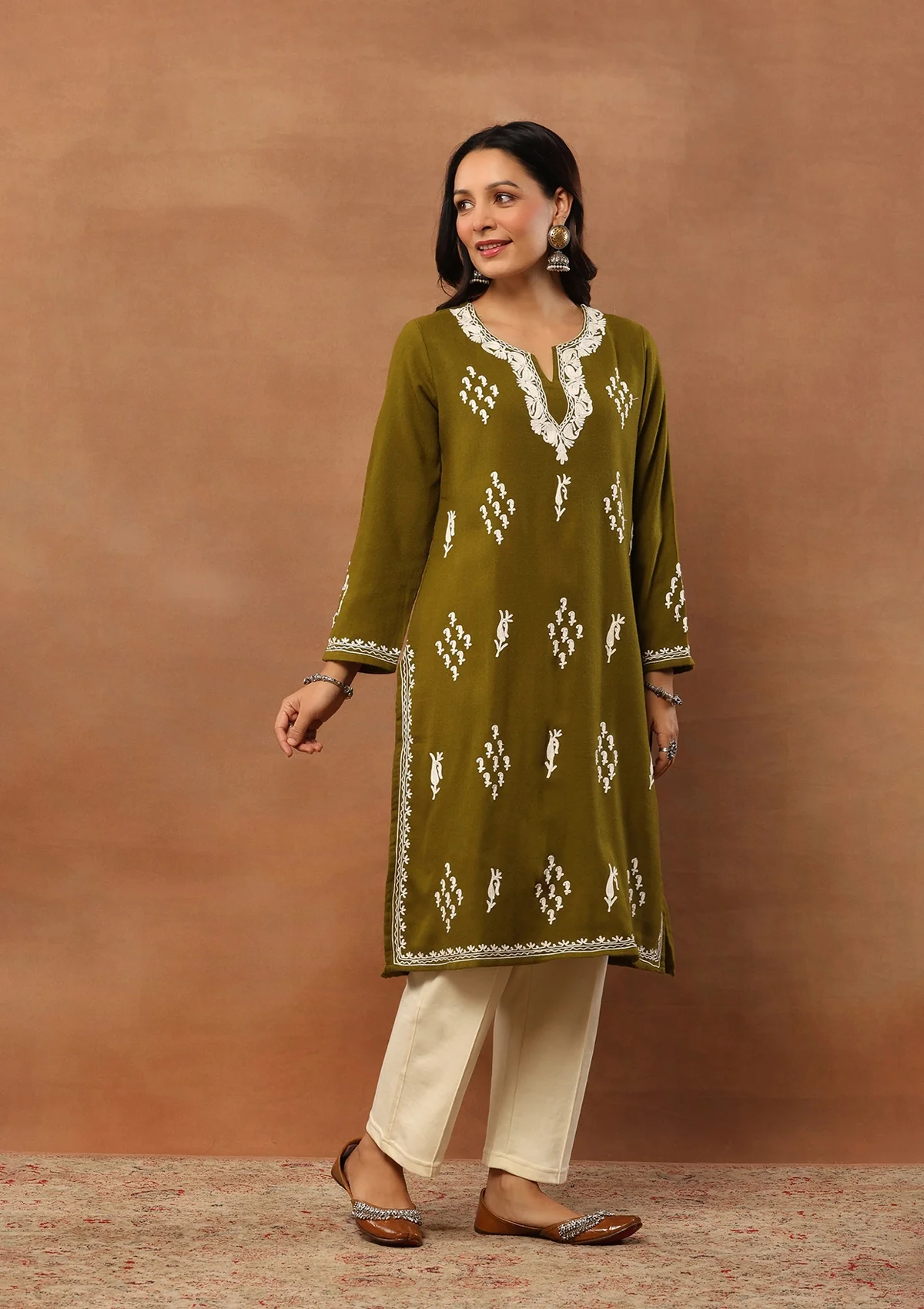 HOC Aari Embroidered Woollen Solid Women's Long Kurta - Olive Green - Healthber
