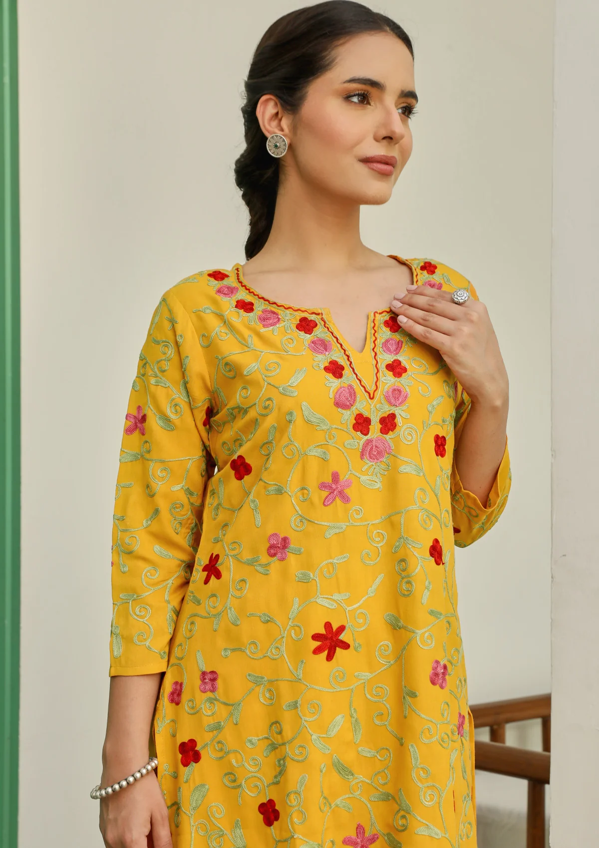 HOC Aari Embroidered Cotton Solid Women's 2PC Long Kurta Set - Mustard Yellow - Healthber