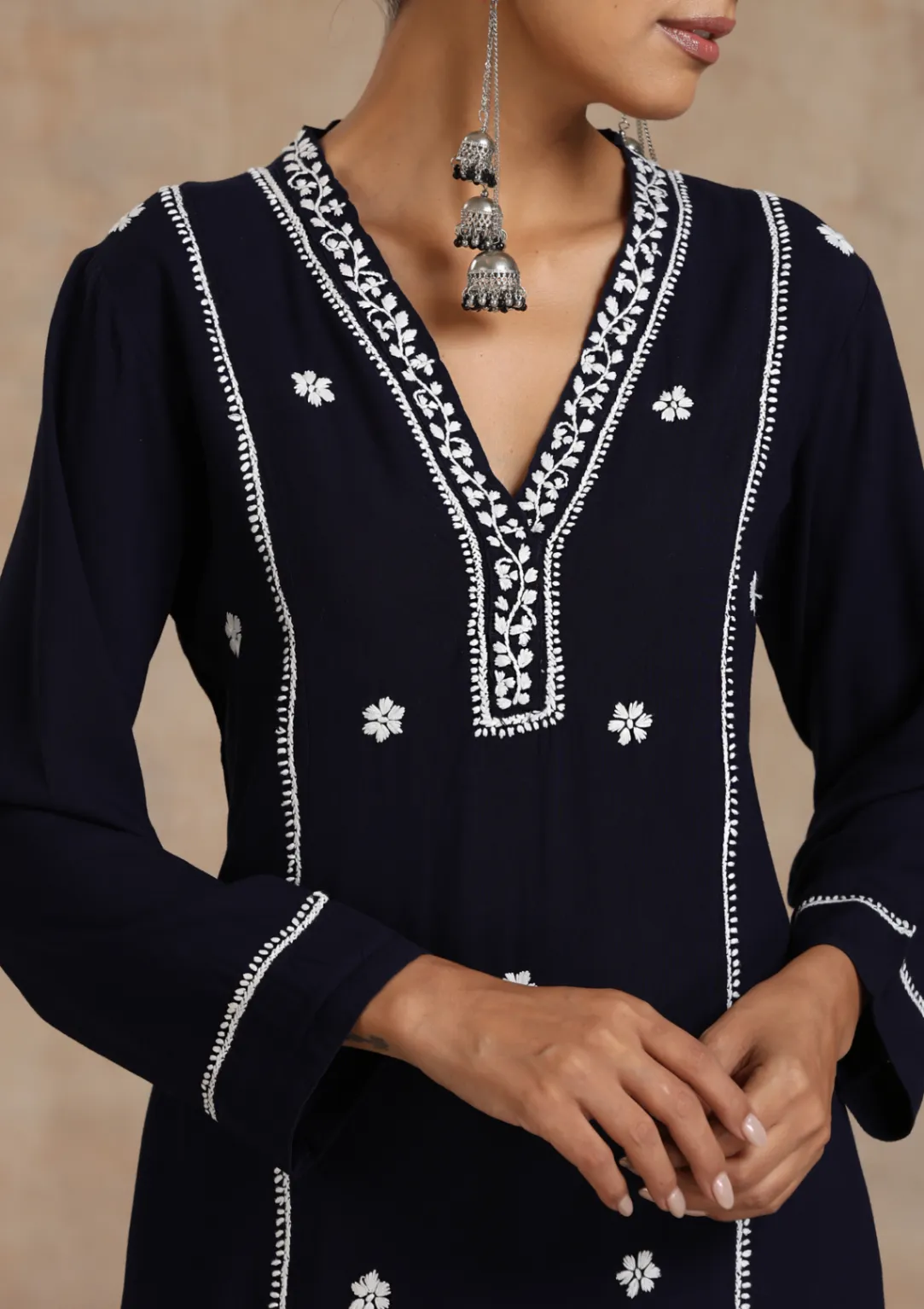 HOC Rayon Chikankari Solid Women's 2 PC Long Kurta Set - Navy Blue - Healthber