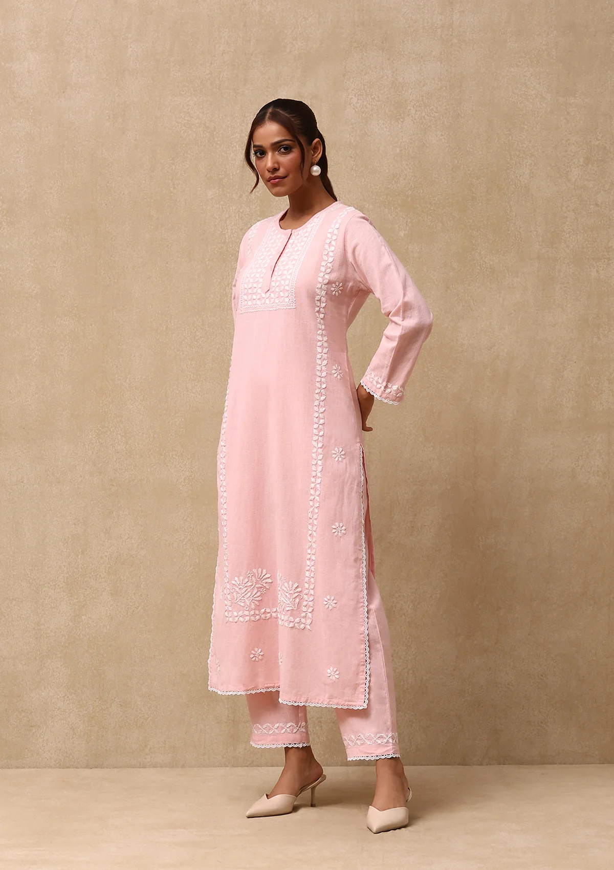 HOC Cotton Linen Blend Chikankari Solid Women's 2PC Long Kurta Set - Peach - Healthber