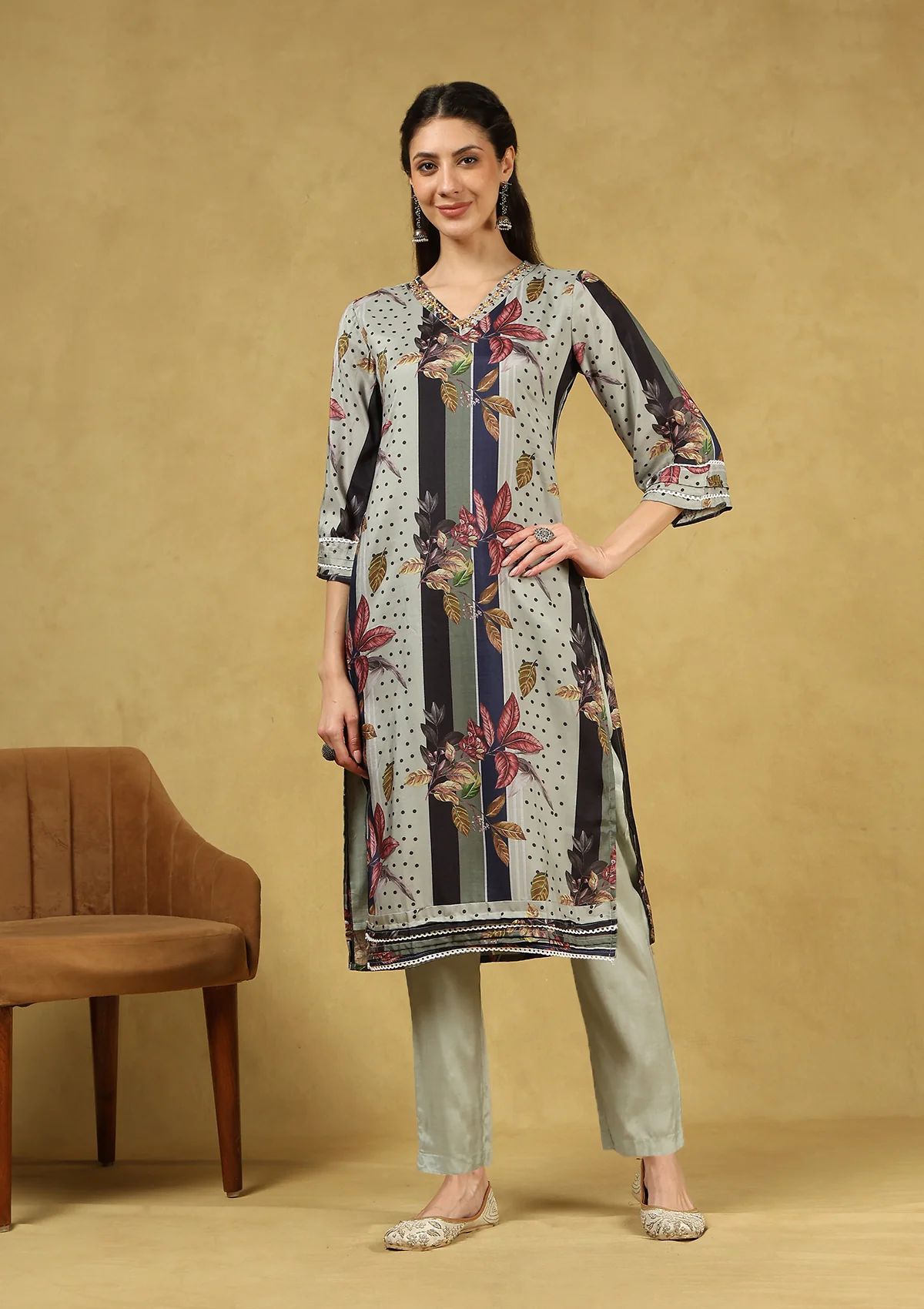 HOC Hand Embellished Muslin Printed Women's 3 PC Long Kurta Set with Dupatta - Grey - Healthber