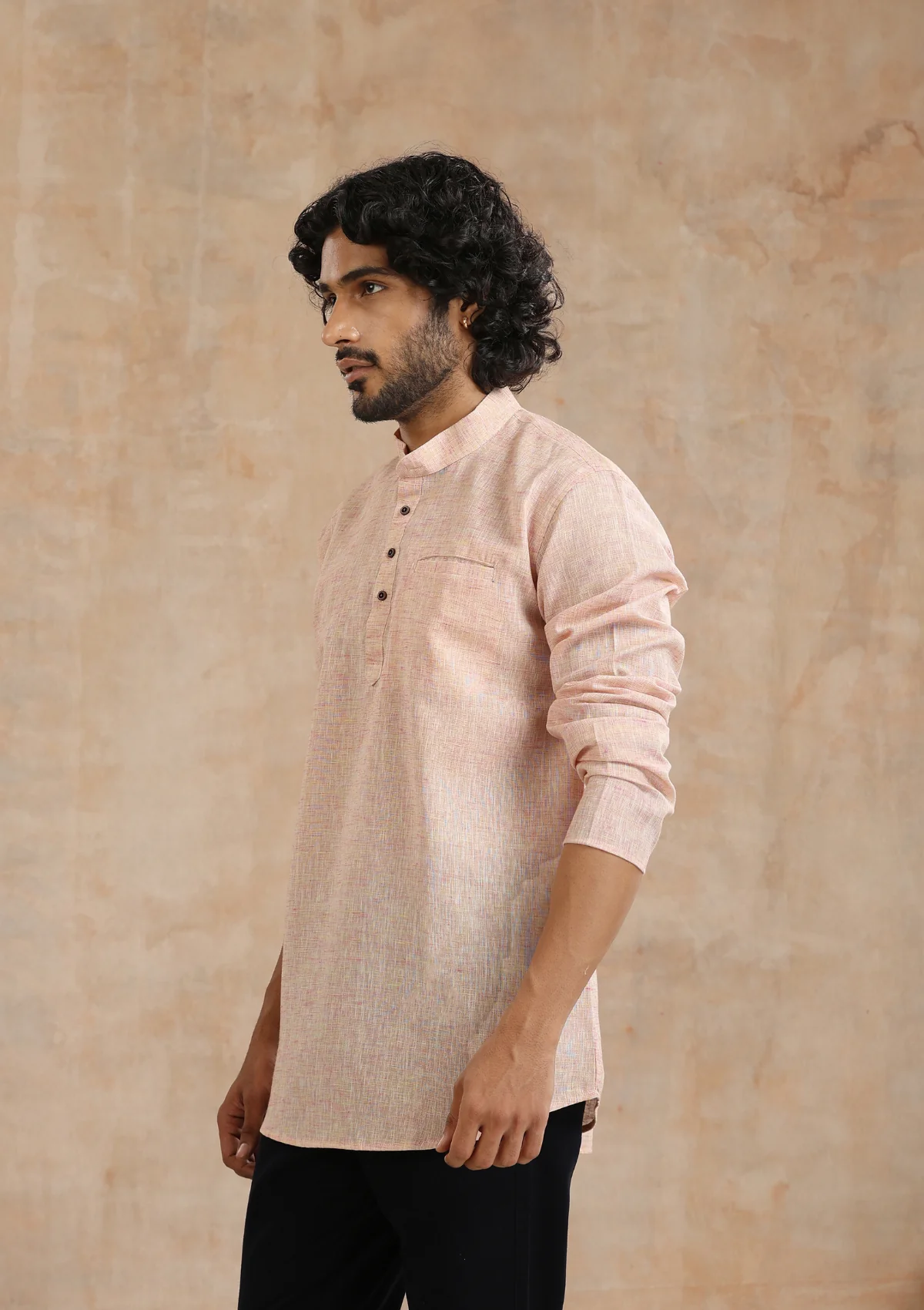 HOC Poly Cotton Solid Men's Short Kurta - Pink - Healthber