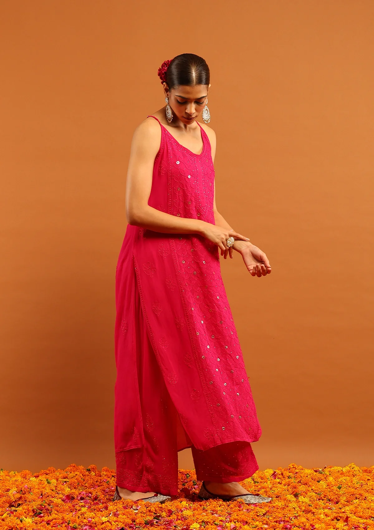 HOC Viscose Georgette Chikankari Mukaish & Kamdani Solid Women's 3 PC Long Kurta Set-Magenta - Healthber